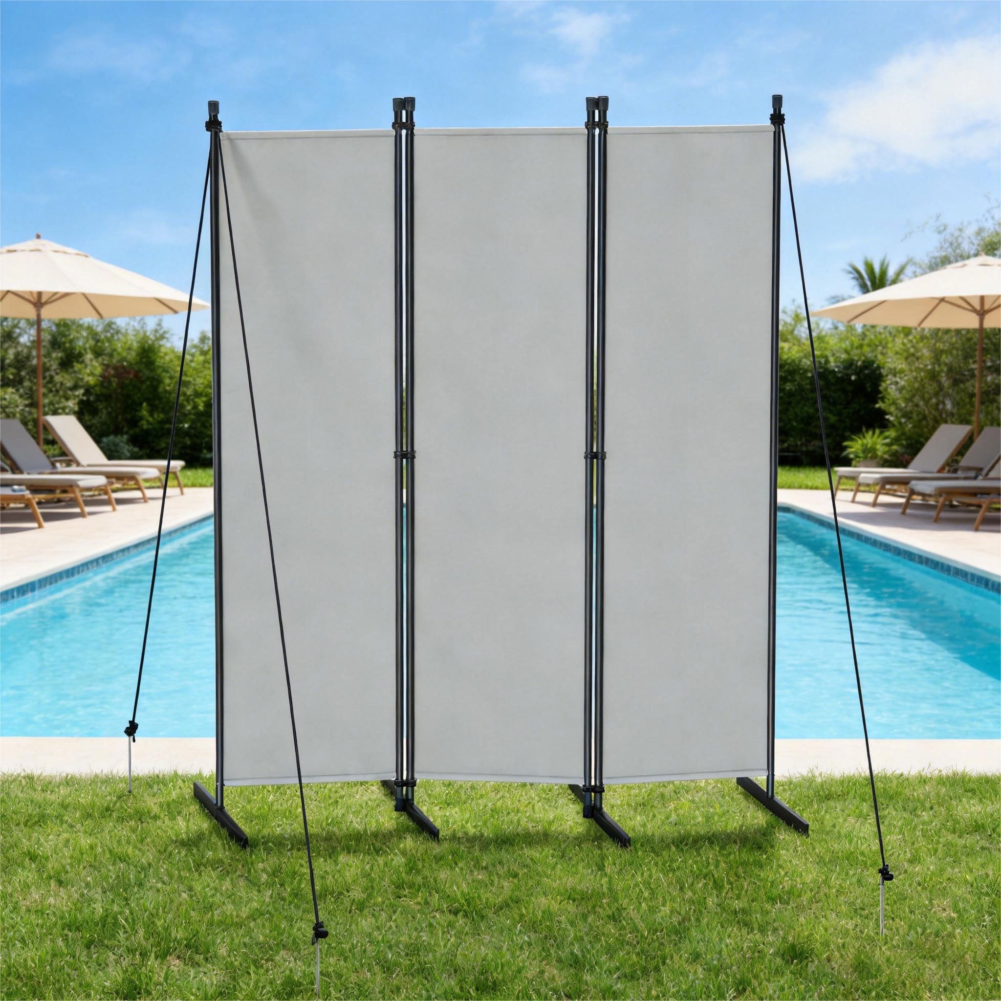 UISEBRT Paravent Outdoor wetterfest mit Heringen und Abspannleinen,Klappbar Freistehend Trennwand ohne Bohren,mobiler sichtschutz für Garten Balkon terrasse,3 Teilig 150 x 180 cm Hellgrau