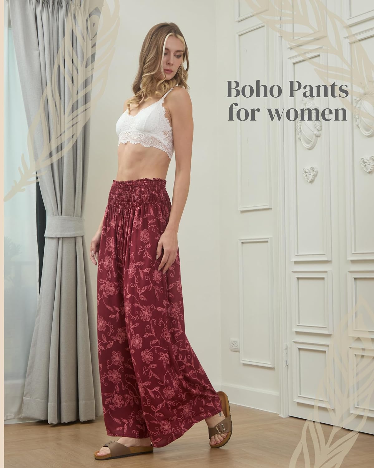 Boho Pants Palazzo Pants for Women with Pockets| Wide Leg high Waisted Flowy Pants for Women | Summer, Cruise, Vacation - Image 5