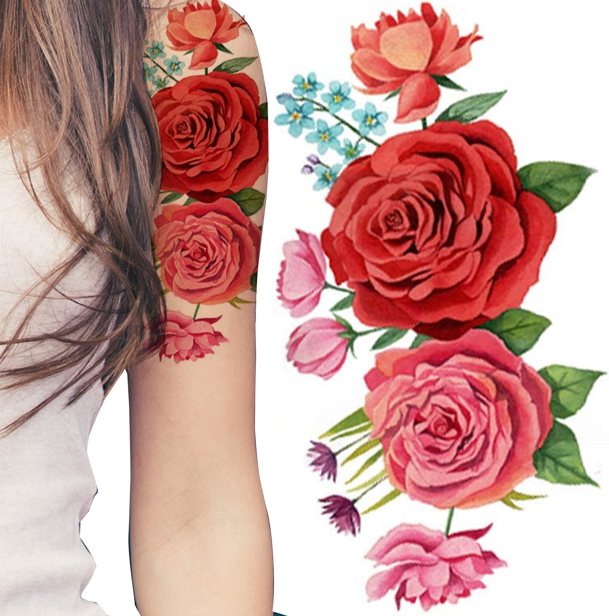 Weekend Tattoos roses red pink flowers realistic sexy adult women's waterproof temporary tattoo sticker for legs arms body transfer fancy dress festivals
