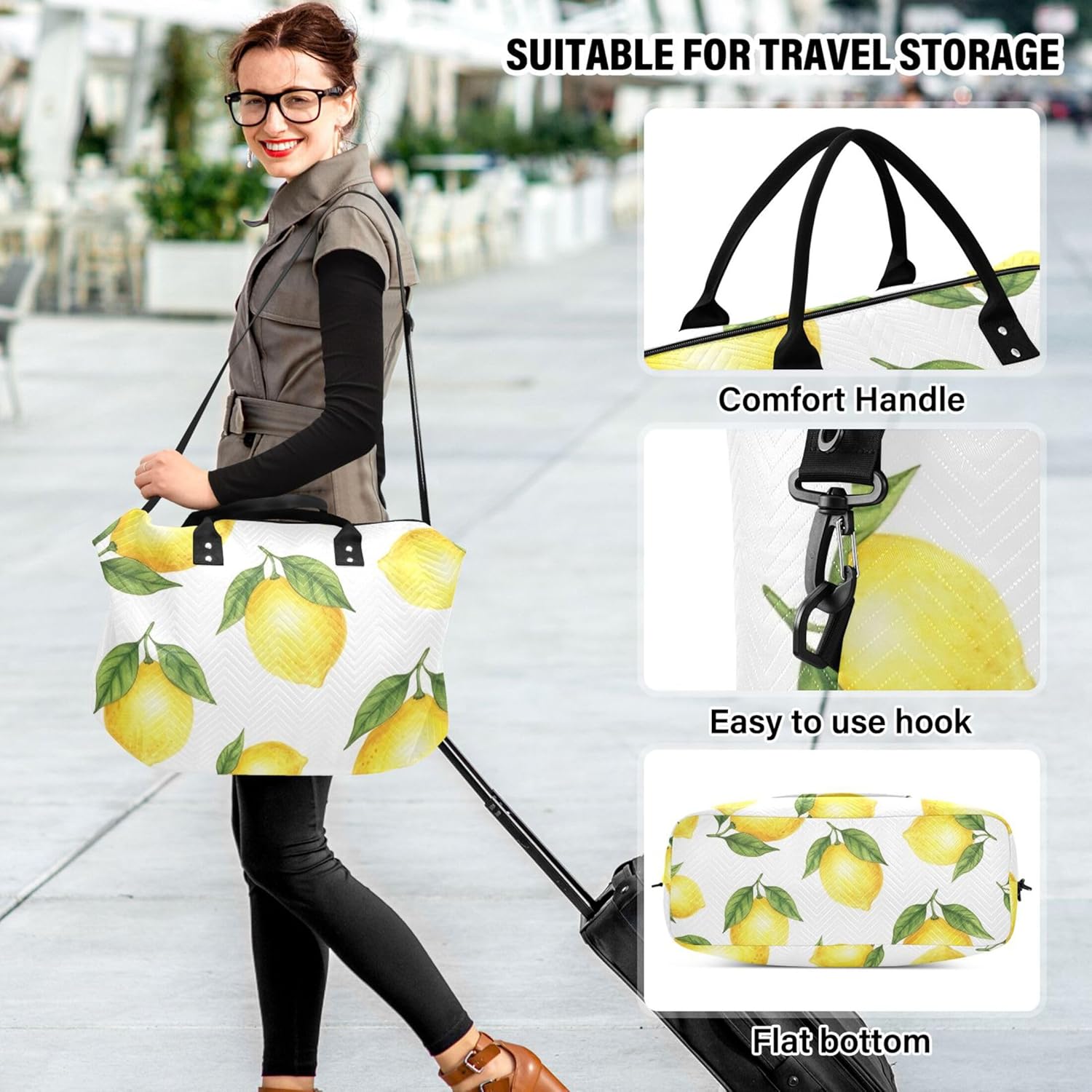 イエローレモン ホワイト トラベルバッグ ダッフル&amp;トイレタリーポーチセット、フラワー レディース ダッフルキャリーオンバッ