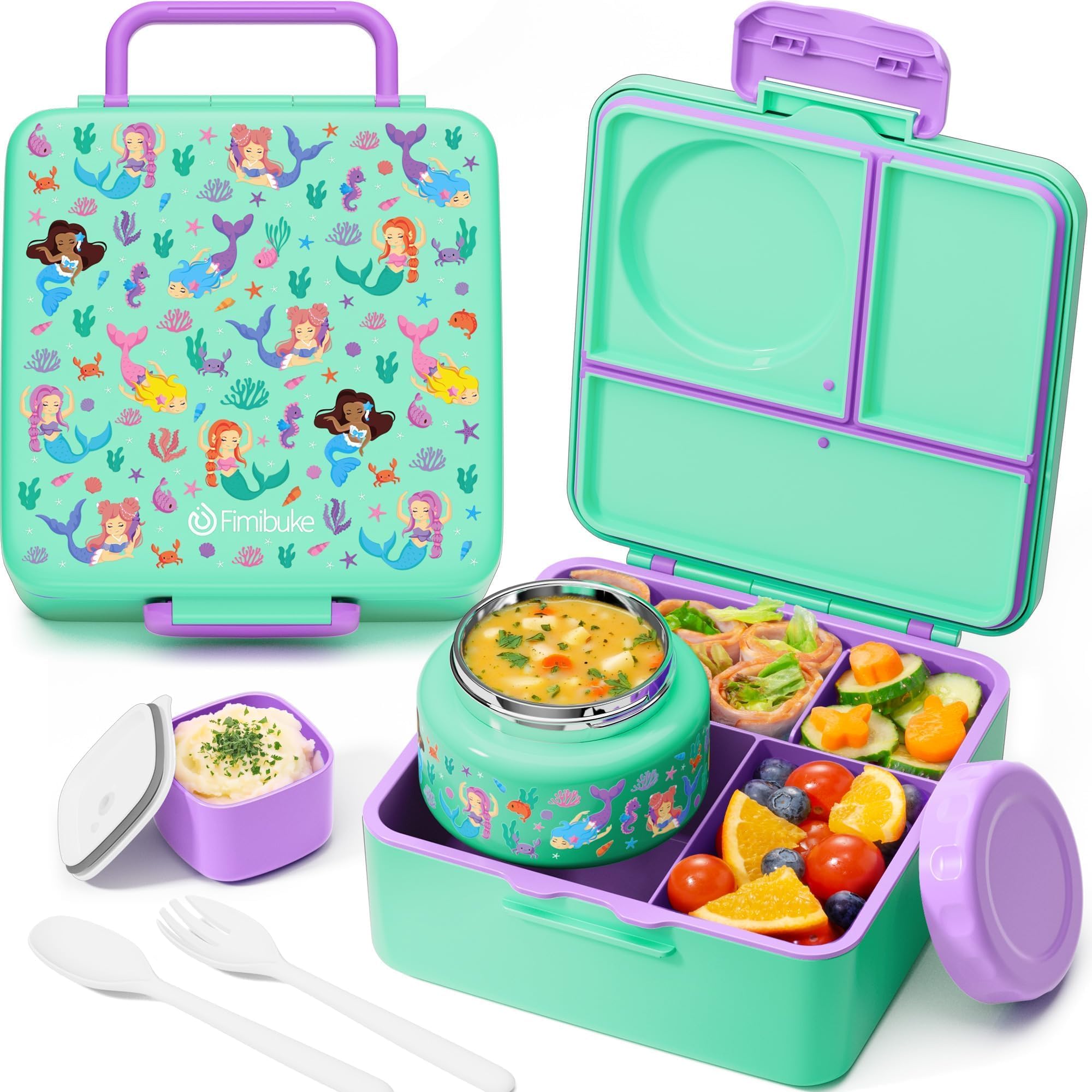 Bento Lunch Box for Kids Adult, 3-4 Compartment 60OZ Toddler Lunch Box Container with Leakproof 8OZ Insulated Food Jar, Sauce Jar, Utensil for School Boys Girls, BPA-Free Dishwasher Safe