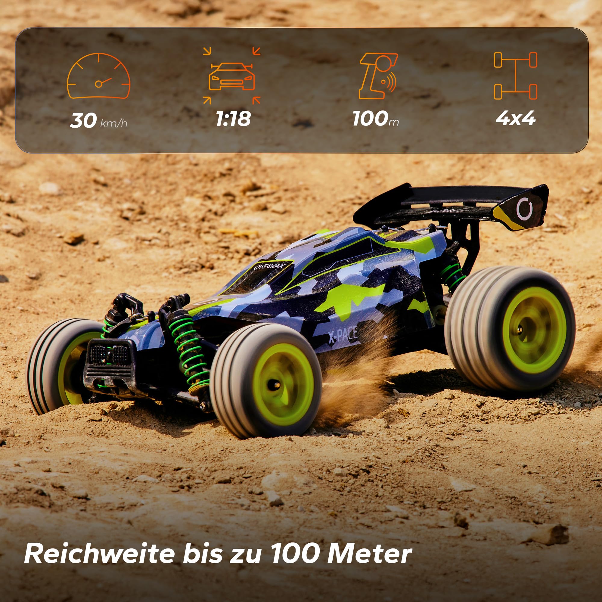 Overmax X-Pace RC Stadium Truck 1:18 für Jugendliche ab 14 Jahren, 30 km/h 4WD, 100 m Reichweite, 2× Akku 850 mAh / 30 Min, Metallantrieb, unabhängige Federung, LED-Lichter | 4WD, 100 m Reichweite, 2× Akku 850 mAh / 30 Min, Metallantrieb, unabhängige Fede