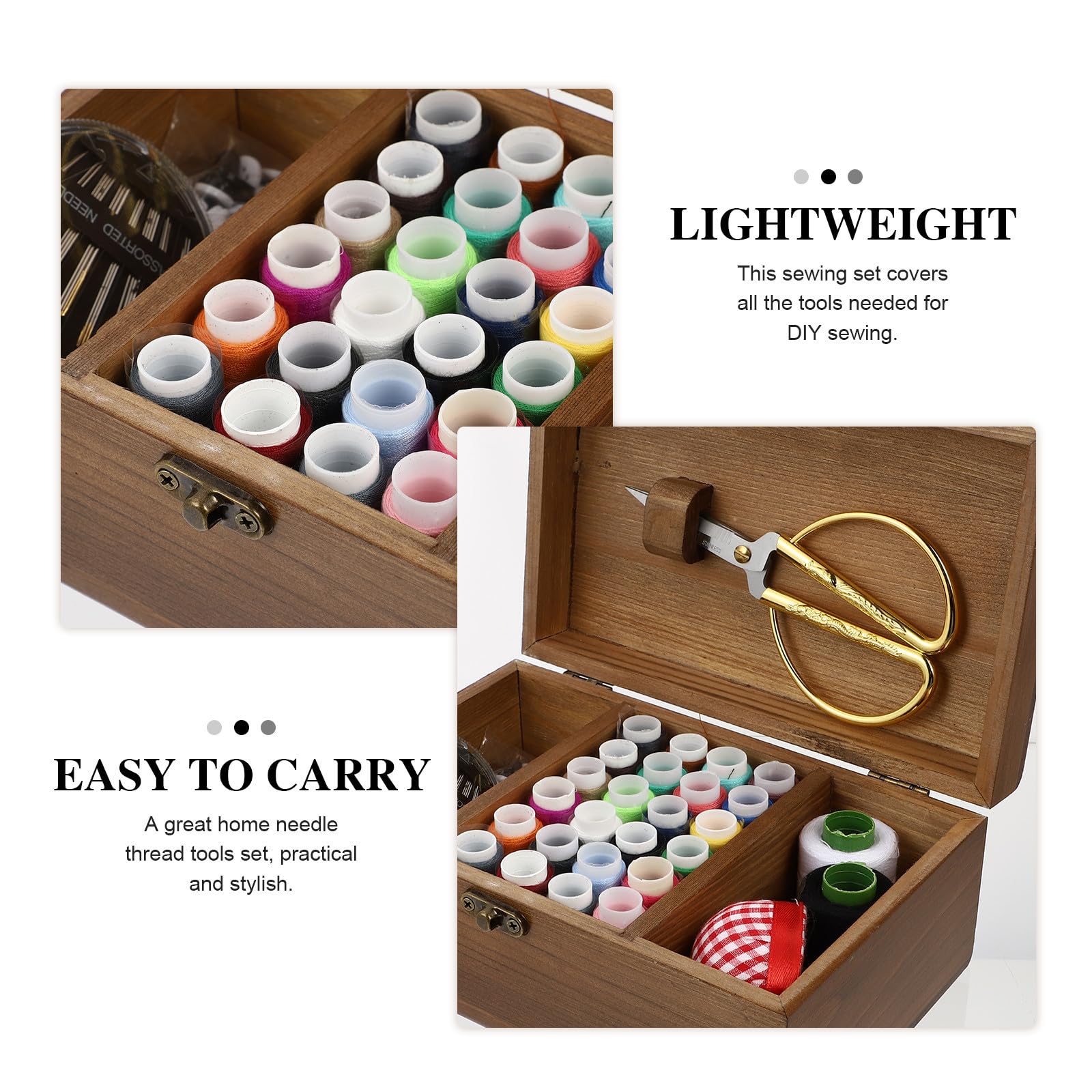 YARNOW Juego de Herramientas de Costura Portátil Hogar Kit de Agujas y Accesorios en Caja de Madera Marrón, Material Acero Inoxidable y Algodón