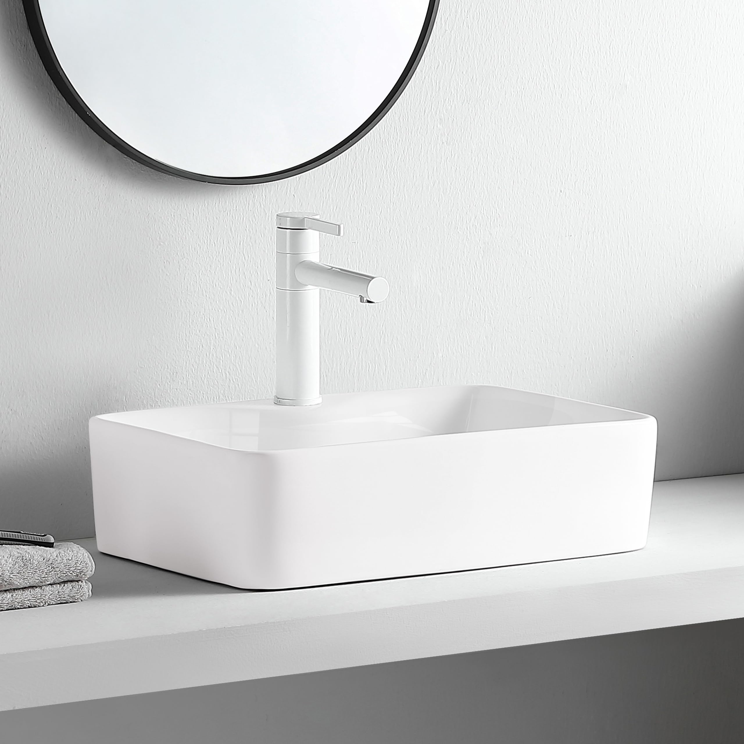 AQUAUNO - Lavabo da Appoggio KAIA 49 x 38 cm, Rettangolare, in Ceramica Bianca con Foro per Rubinetto senza Troppopieno