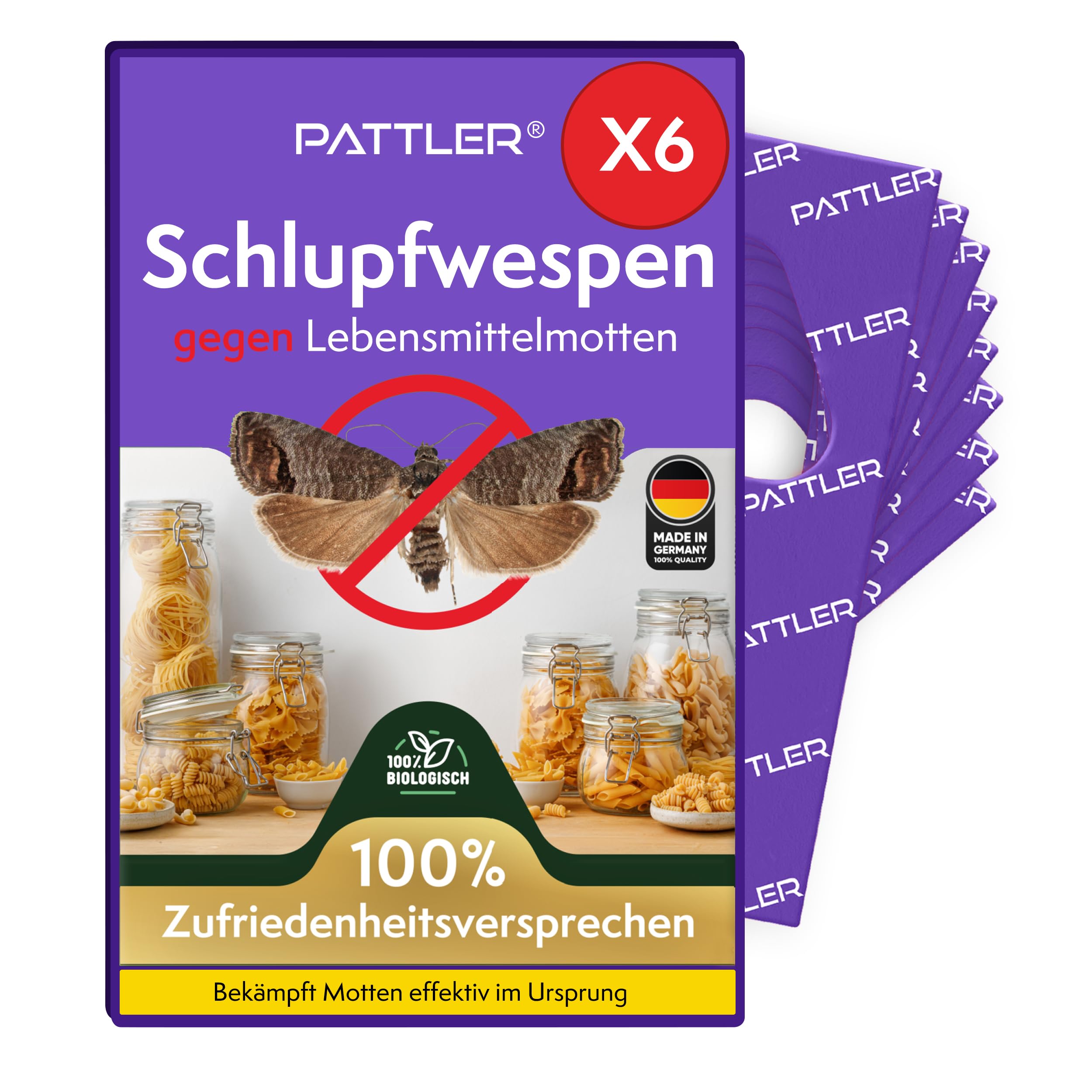 PATTLER® Schlupfwespen gegen Lebensmittelmotten - 6 Karten à 4 Lieferungen - Effektiv Motten bekämpfen - Alternative zur Mottenfalle, Mottenspray, Pheromonfalle (6 Karten à 4 Lieferungen)