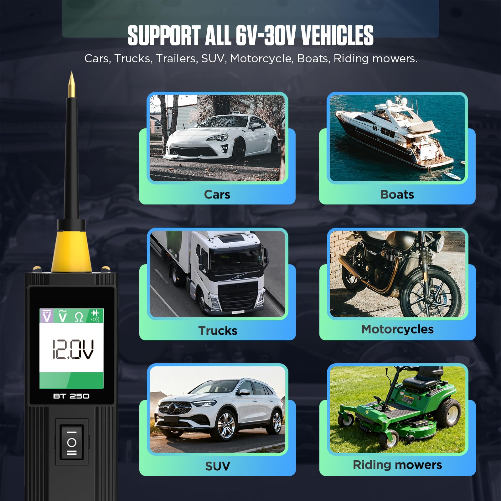 BT250 - Tester per circuito auto, 12 V, 24 V, strumento per sistemi elettrici, rilevatore di luce, tester di tensione AC/DC, multimetro, rilevatore di cortocircuito, tester di sicurezza relè