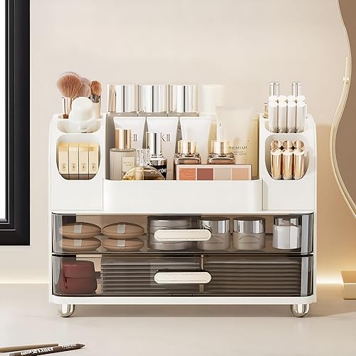 Miniatura 4 de Organizador de maquillaje con 2 cajones, vitrina para cosméticos, soporte de almacenamiento para tocador, mostrador de baño, escritorio, suministros