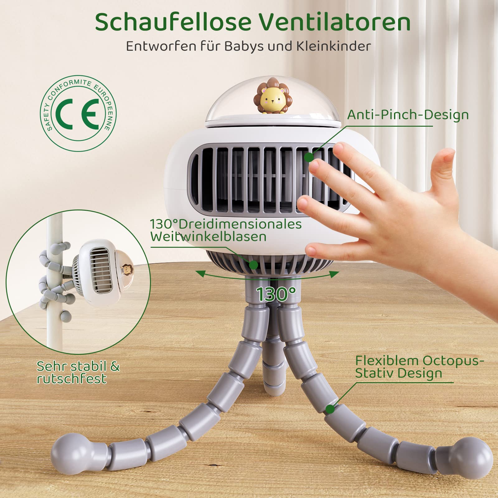 Bbtang Ventilatore Passeggino,USB Mini Ventilatore Portatile,3600mAh Ventilatore da tavolo con Treppiede flessibile 4 velocità per Passeggino, Tapis Roulant, Culle, Tenda,Campeggio