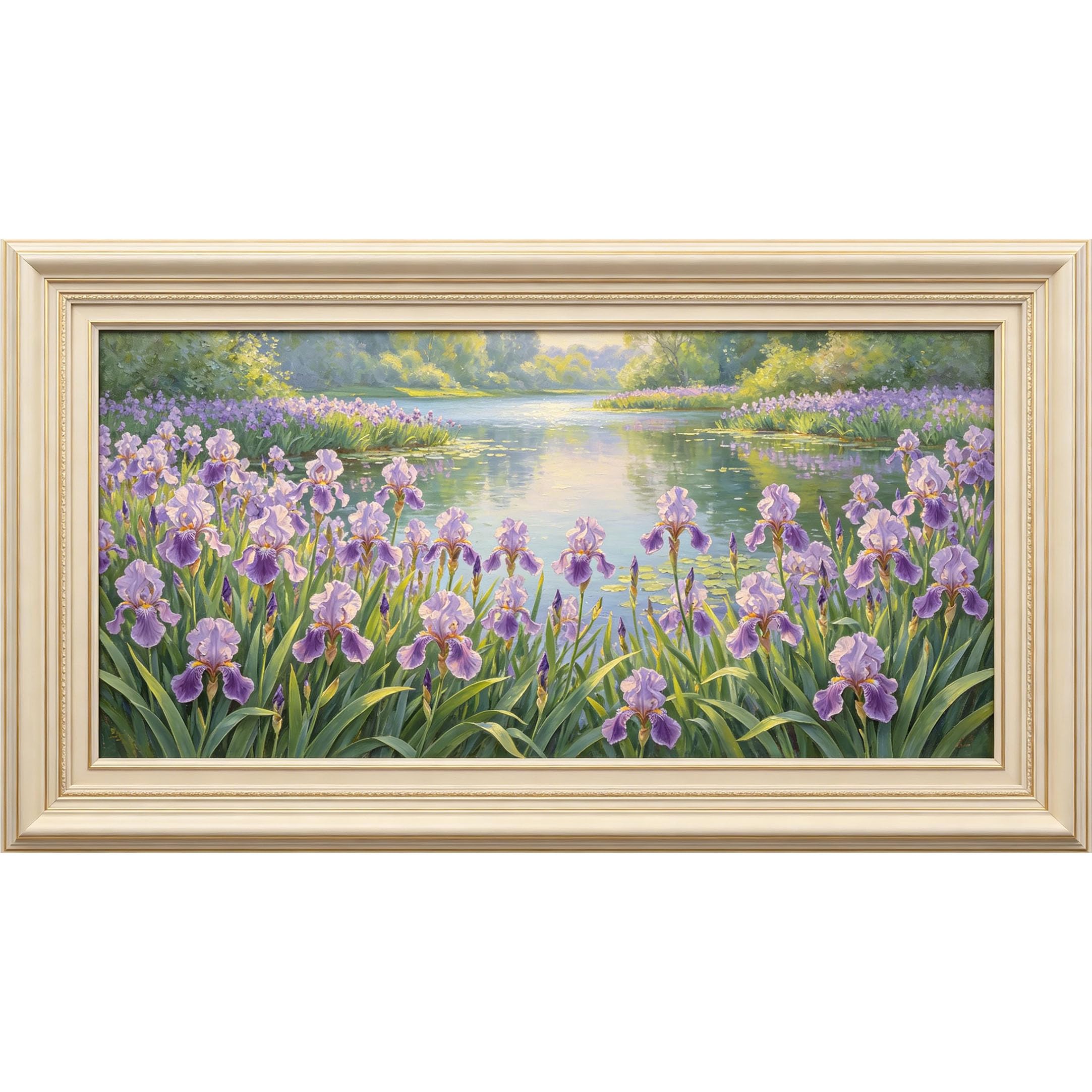 QZLITHOTIC 50×100cm 3D Framed Wall Art， Botanical Purple Iris Lake Landscape Self?Adhesive Mural， Water?Activated Peel & Stick Fabric Decor Wall Decal for Bedroom Living Room
