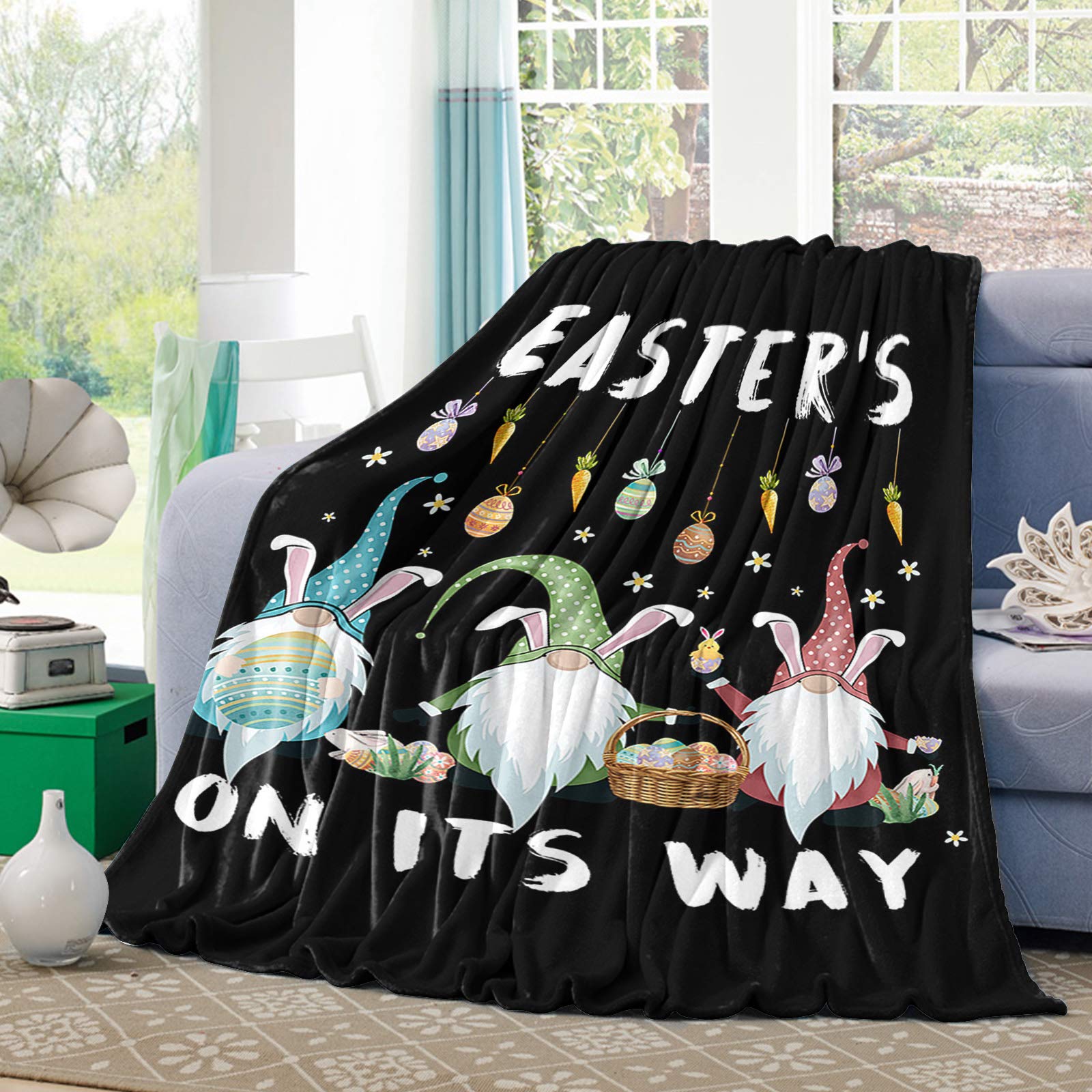 Throw Blankets Happy Easter Gnomes and Eggs Carrot Fuzzy Soft Bed Cover Bedspread Microfiber Luxury Blanket for Travel Stadium Camping Couch Sofa Chair Black