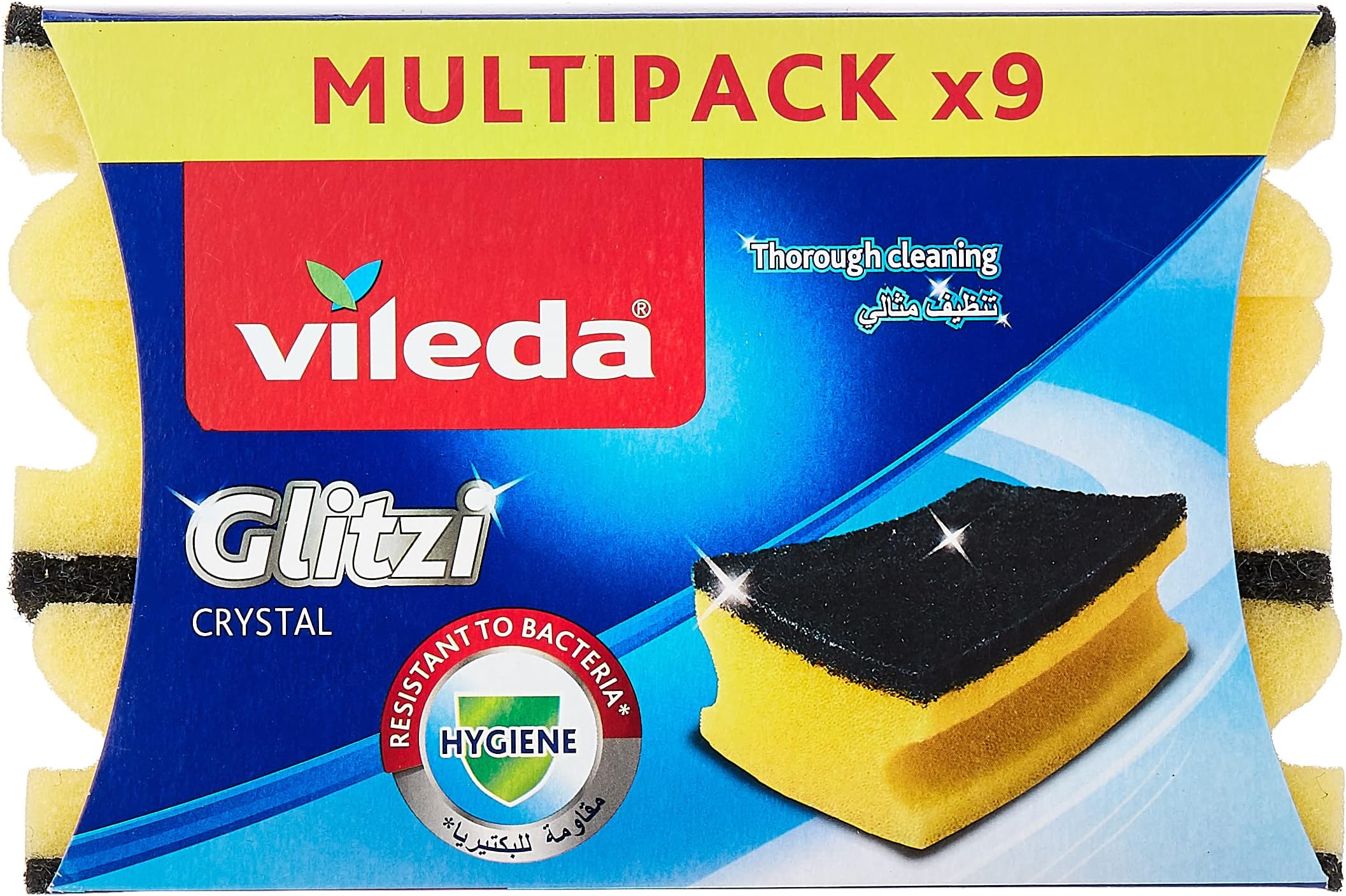 Vileda Glitzi Crystal Scourer Sponge 9 Pc, Antibacterial, Long Lasting, Hygienic - Yellow And Black (9 Pc Per Pack)