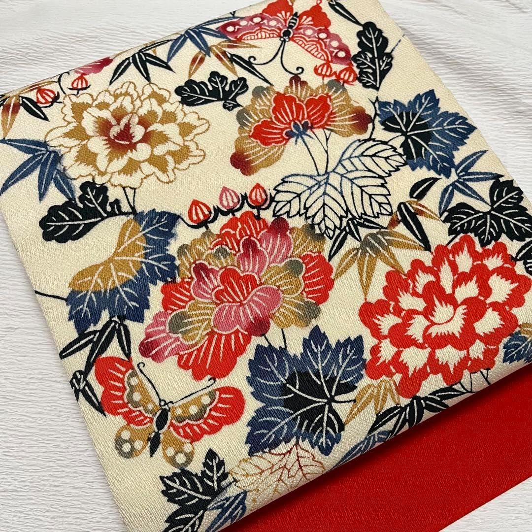 琉球紅型 縮緬 牡丹 蝶々 名古屋帯 正絹 琉球紅型 帯