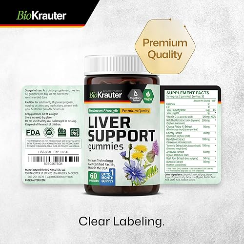 Miniatura 7 de Gomitas de apoyo hepático  Suplemento orgánico para hígado con cardo mariano, raíz de diente de león para limpieza del hígado, desintoxicación y