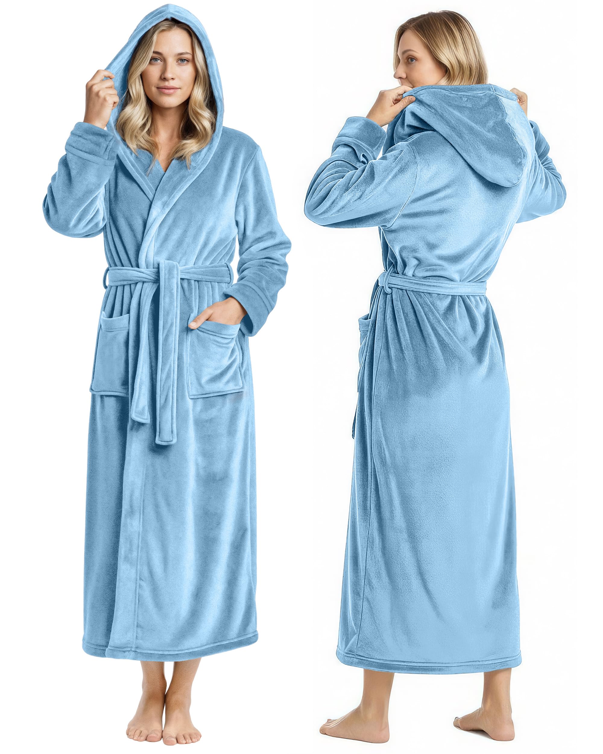 ny threads premium womens robe with hood, plush fleece long bath robe for women, fluffy soft women's bathrobe, small, light blue