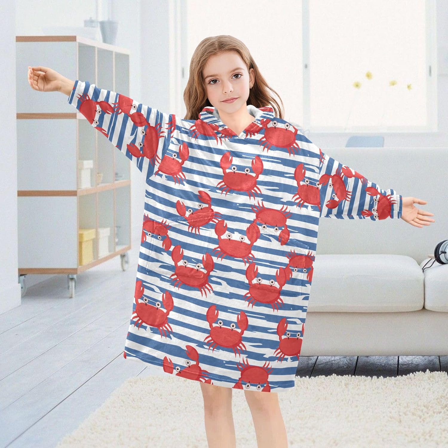 Cute Crab Kids Wearable Blanket Hoodie with Pocket and Sleeves for Toddlers, Cute Hoodies Girls Boys B0404069