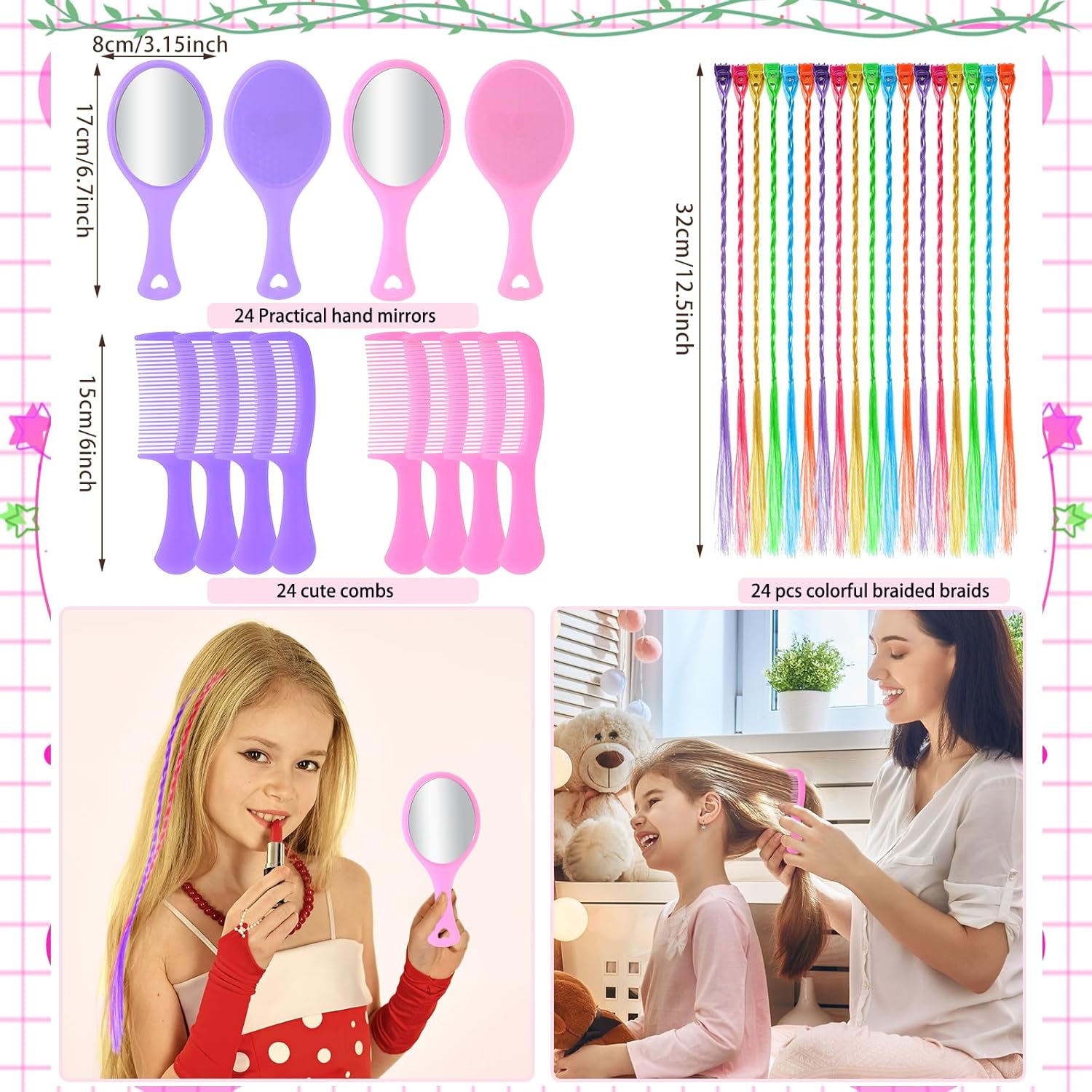 Pinkunn Spa Party Supplies for 24 Girls Multiple Spa Party Favors for Kids Pink Braid Clip Eye Mask Mirror Comb Emery Boards Toe Separator Hairband Nail Sticker Tattoo Sticker Pink Gift Bags(264 Pcs)