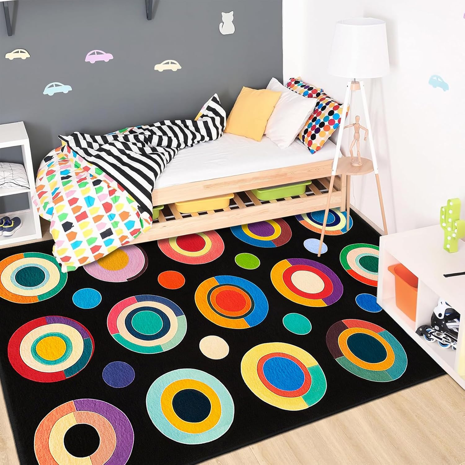 AQQA Classroom Rug,6x9 ft Colorful Circle Print Washable Area Rugs,Non Slip Thin Large Carpet for Kids Room Seating Décor, Children's Classroom, Play Carpet for Teaching and Playroom, Seats 15