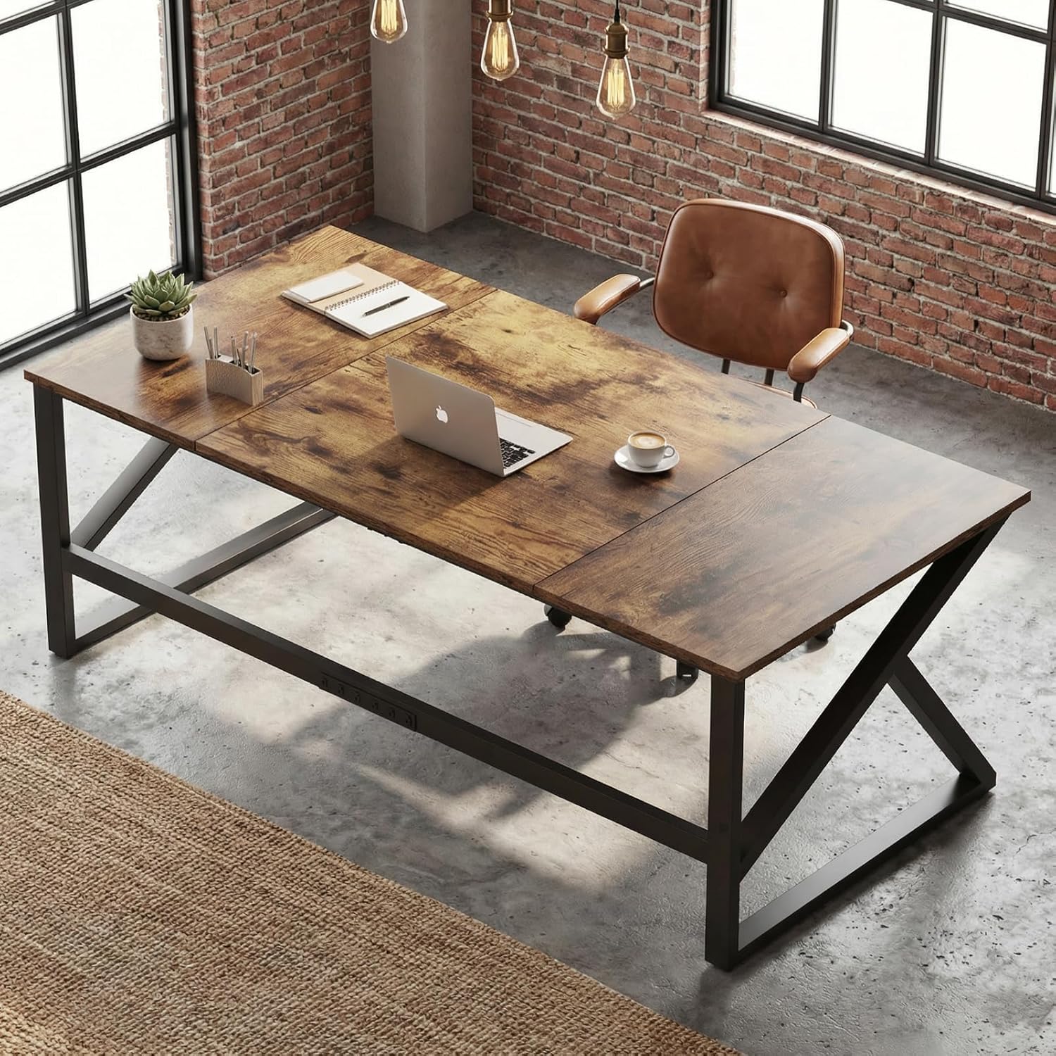 IBF 70 Inch Rustic Brown Desk, Industrial Large Metal Wood Double Computer Desk, Long Home Office Desks Table for 2 People Executive Work Writing Study Gaming, Farmhouse Big Two Person Desk in Bedroom