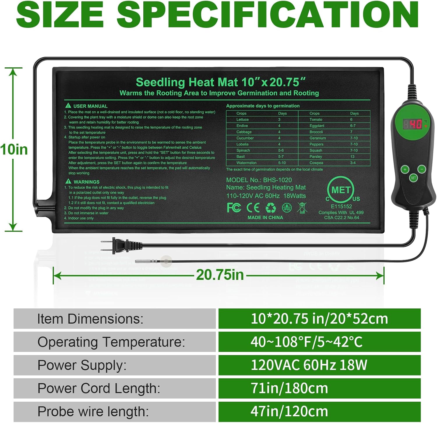 Seedling Heat Mat with Thermostat Pack of 4, Dual Certified by MET and UL Plant Heating Mat Pad Equipped with A Temperature Probe, It Automatically Maintains A Constant Temperature