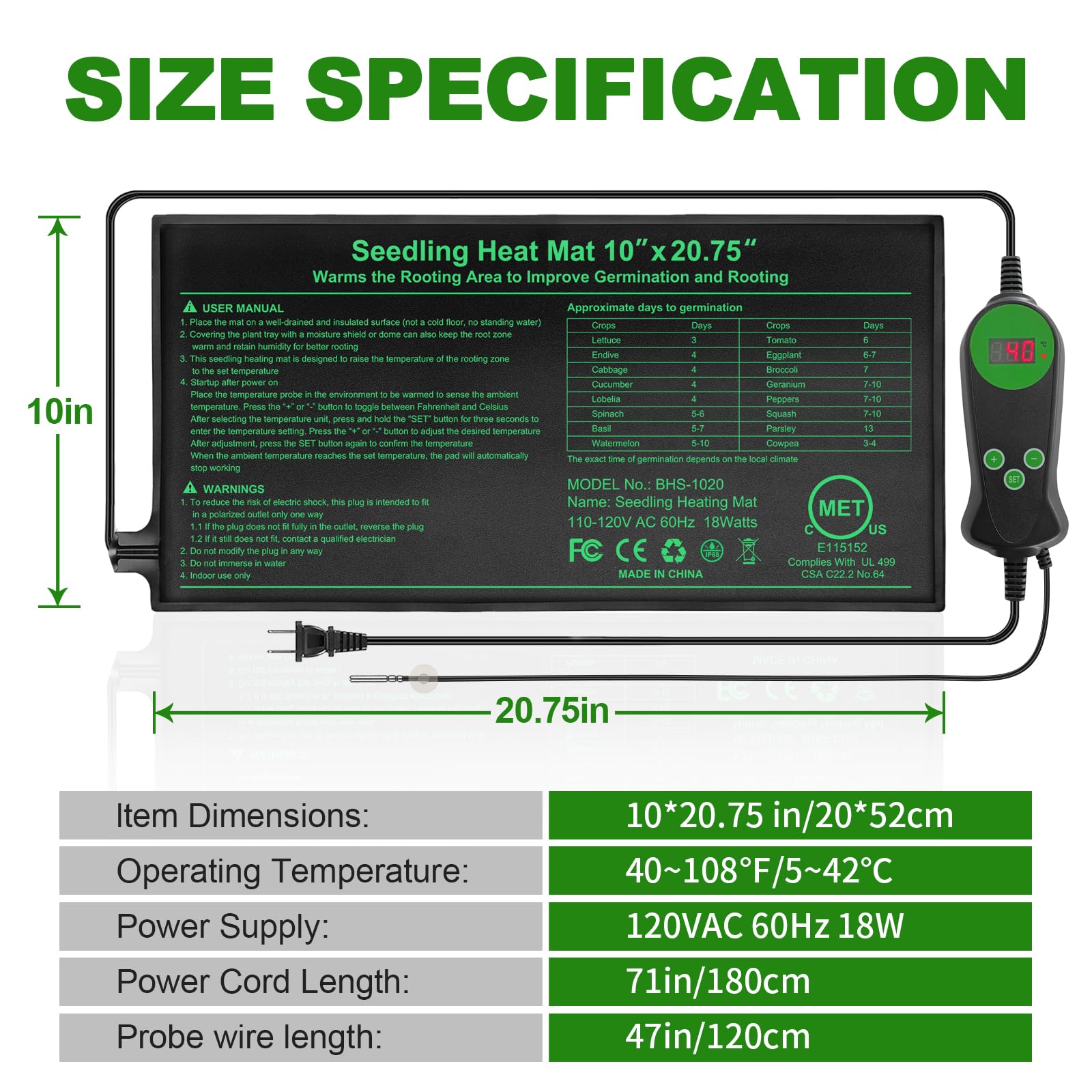 GOLOPET Sämling-Heizmatte Dual zertifiziert von MET und UL Pflanzenheizmatte Pad mit Stromausfallschutz Thermostat (Modell mit Controller-Schwarz, 2er-Pack)