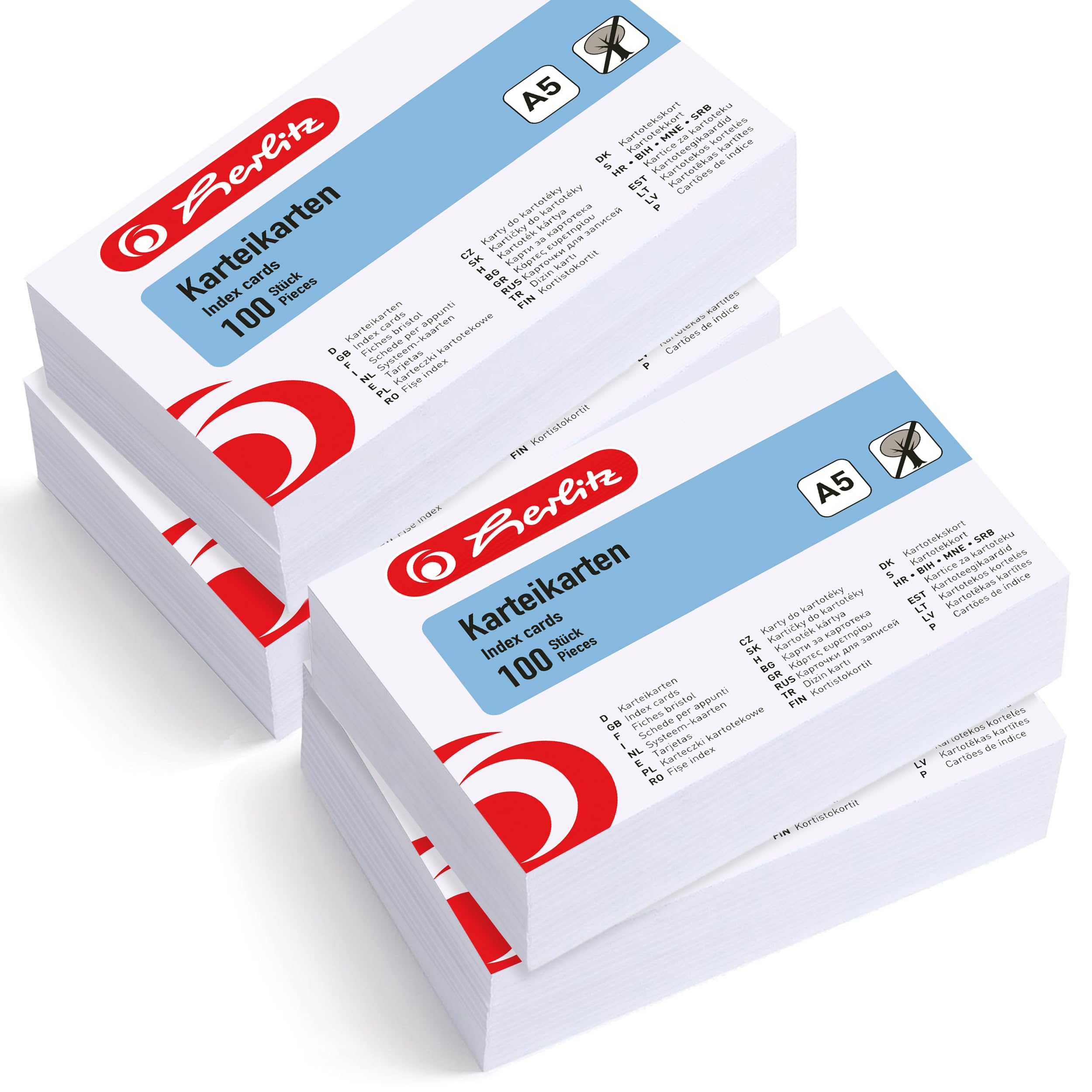 herlitz Karteikarten A5 21 x 14,9 cm, blanko, weiß, 4 x 100 Stück, für Schule, Studium & Büro