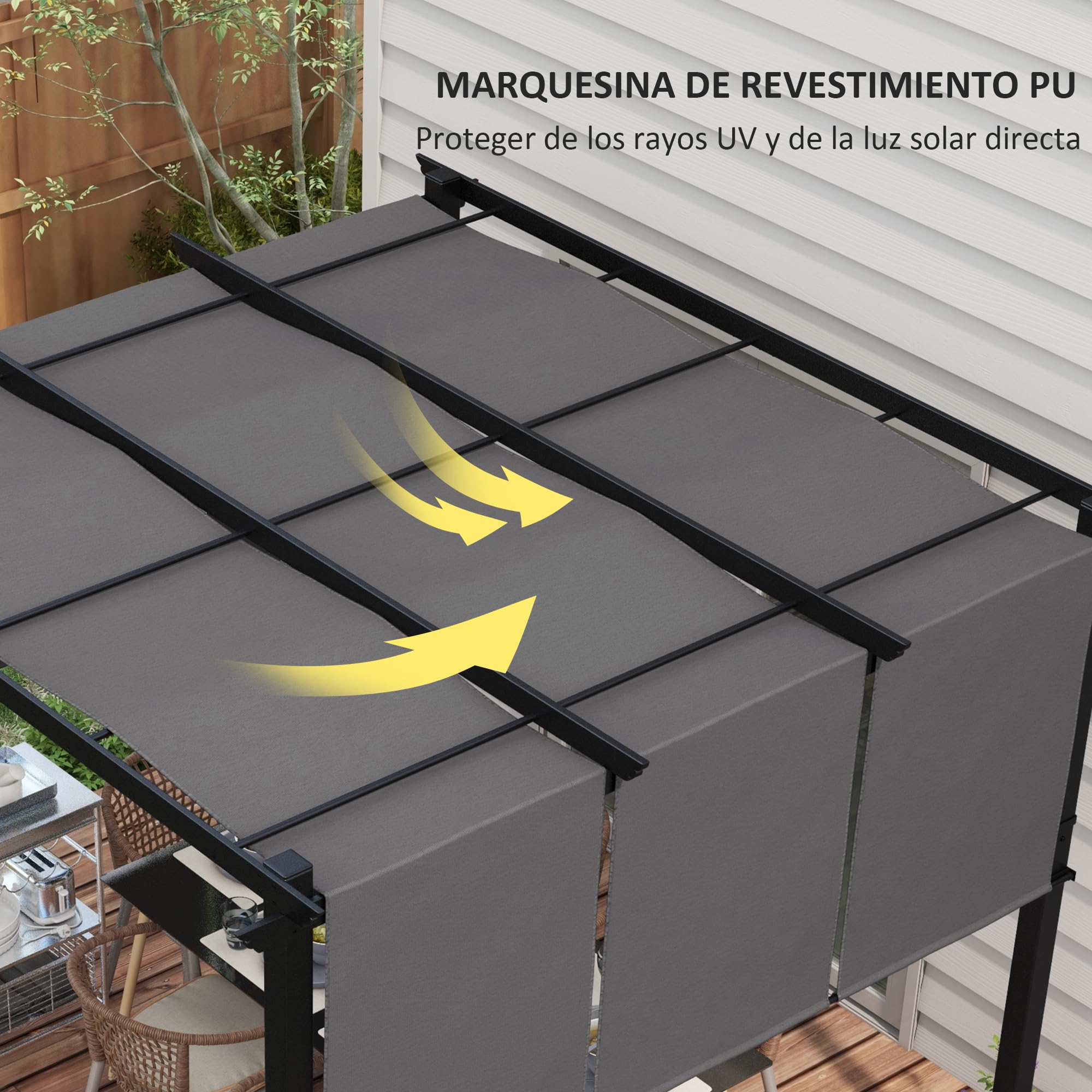 Outsunny Pérgola de Jardín 3x3 m Cenador para Exterior con Techo Retráctil Marco de Acero Impermeable y Anti-UV para Terraza Patio Gris Oscuro