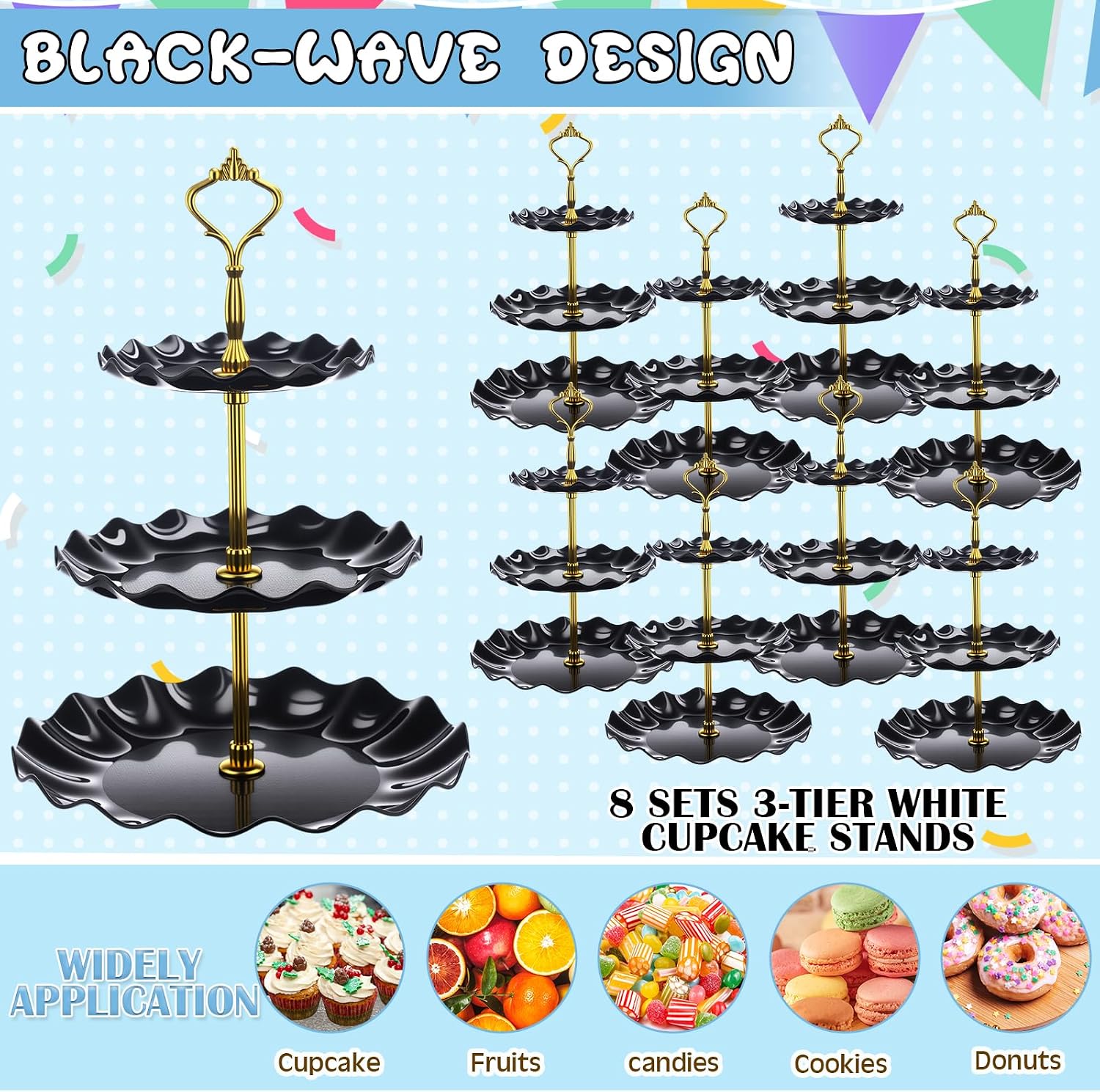 Patelai 8 Pack Plastic 3 Tier Cupcake Stand Holder, Black image 3