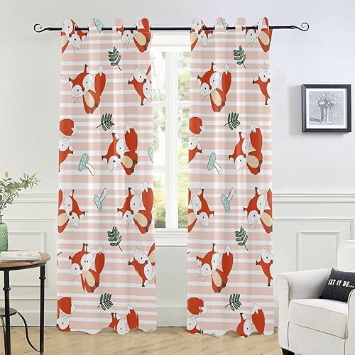 Cute Fox Wolf Forest Orange Stripes Blackout Curtain 84" Farmhouse Curtains for Window Treatments Room Divider Closet Curtains Decor Cortinas para