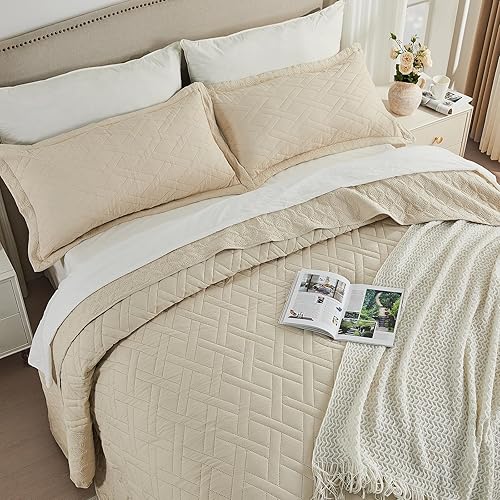 Vista 8 de Qucover Colcha beige tamaño California King, colcha ultrasónica de 3 piezas con patrón geométrico California King, colcha extragrande de 120 x 118