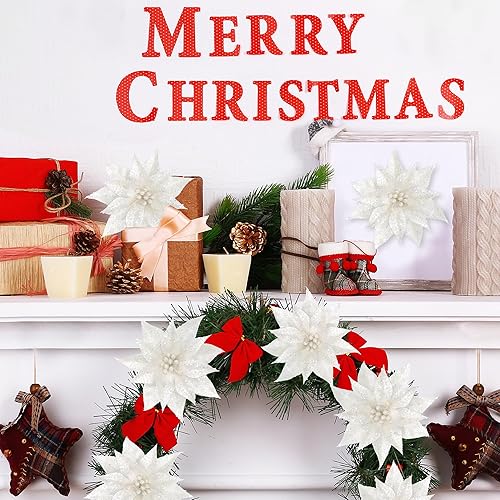 Vista 3 de Sggvecsy 15 Pcs Christmas Glitter Flowers Christmas Tree Ornaments Shining Artificial Poinsettia Christmas Flowers Decoration with Clips for Xmas