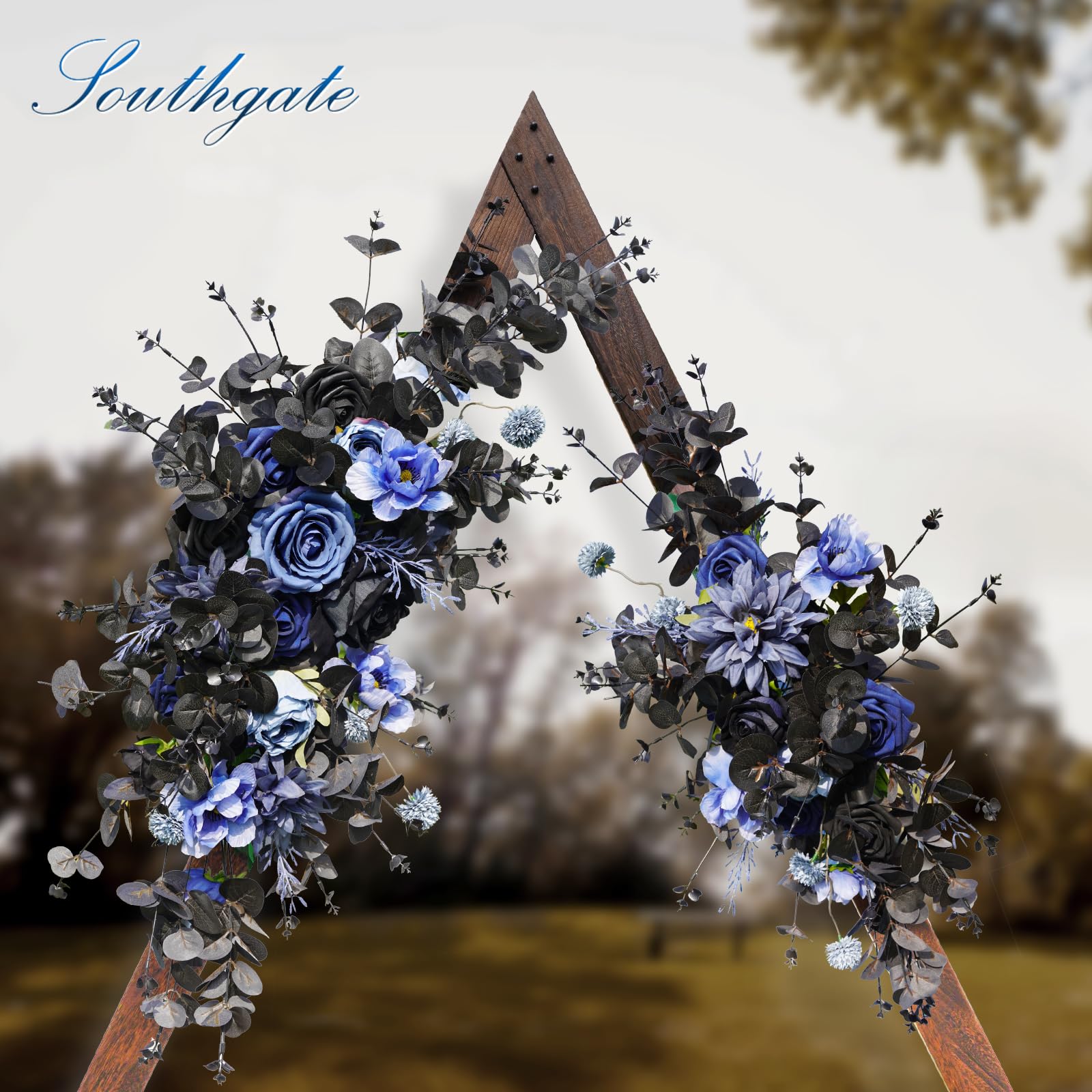 SOUTHGATE Artificial Wedding Black Arch Flowers Kit - Gothic Wedding Decorations - 2pcs Blue Black Flower Swag - and 2 pcs Semi-Sheer Chiffon Table Runner Swag for Goth Decor, Black Wedding