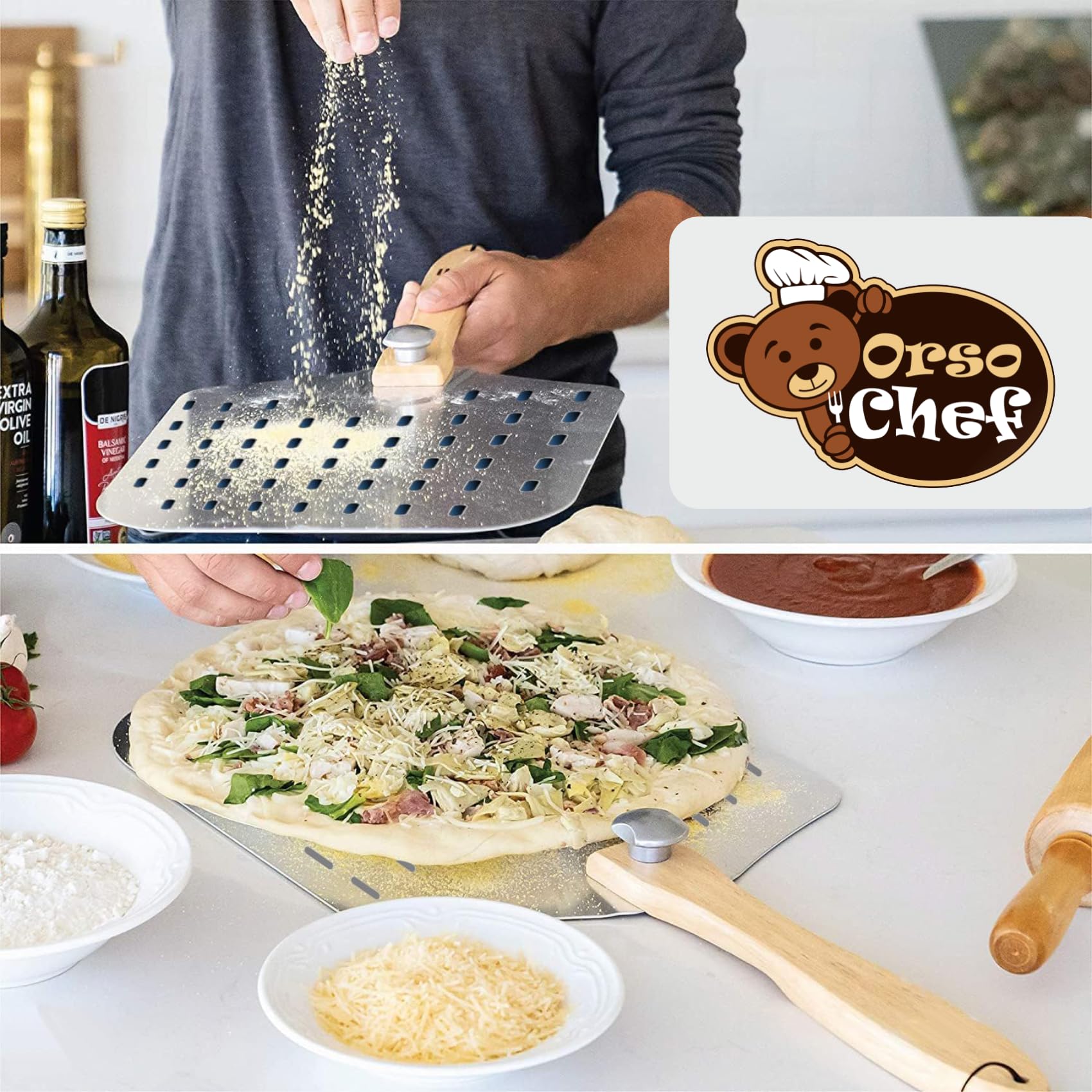 Antech Geperforeerde pizzaspelade - Dikke aluminium emmer en afneembaar houten handvat - ontworpen voor de beste pizzaoven voor brood en focaccia