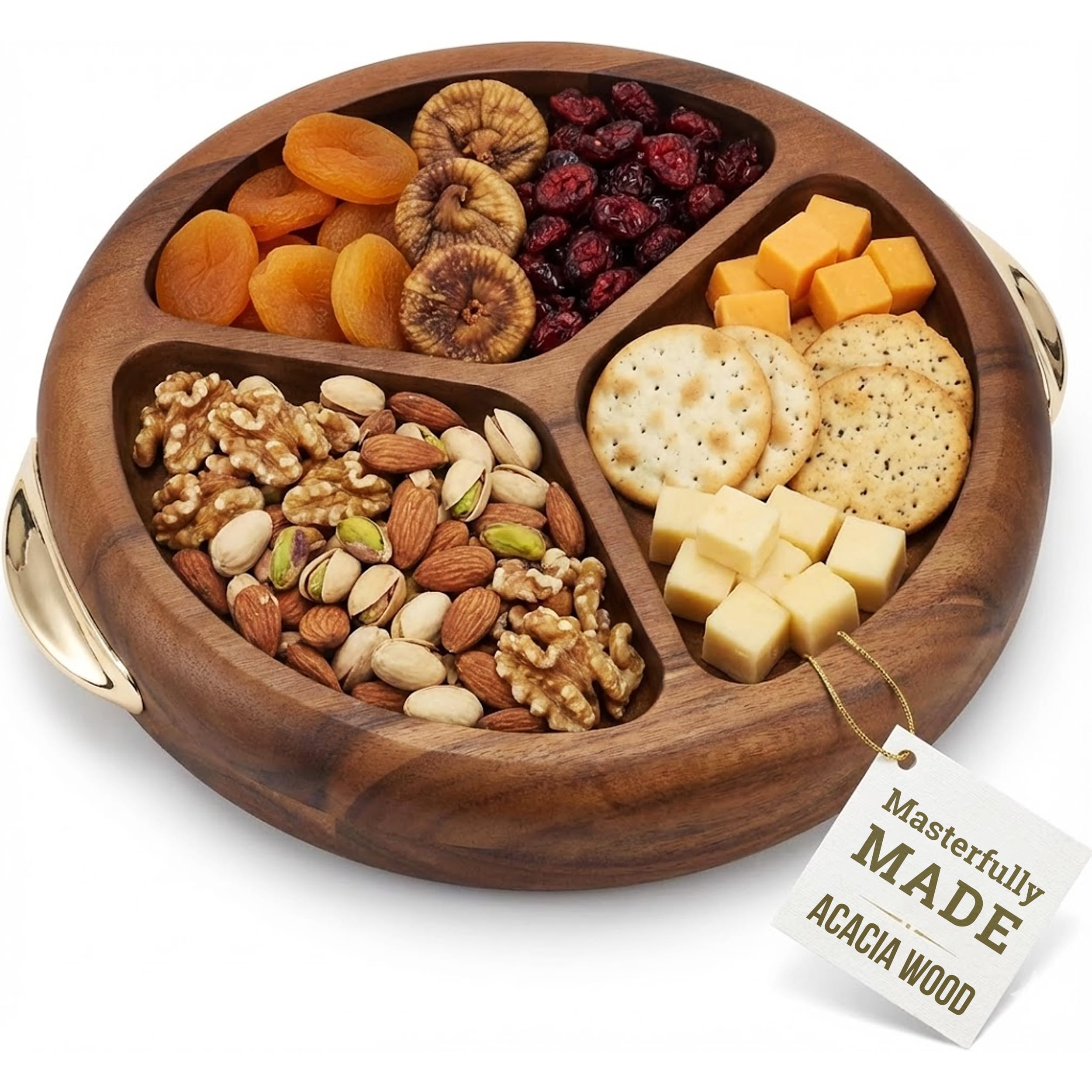 Multi-Purpose Serving Tray Acacia Wood Round Decorative Tray with Golden Handles Charcuterie Snack Breakfast Coffee Tea Platter for