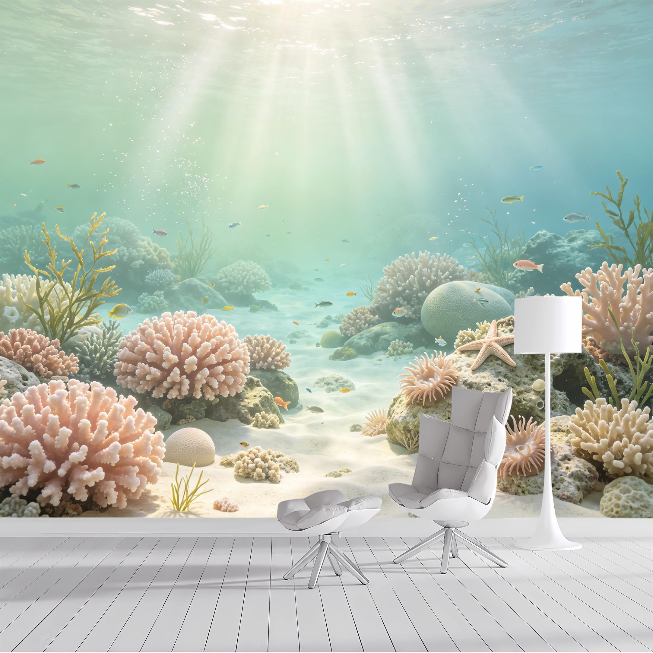 Custom Size Wall Mural Ocean Coral Reef Marine Life Fish Seascape Underwater Watercolor SelfAdhesive Wall Fabric Removable Peel and Stick Wallpaper for Living Room Bedroom Bathroom