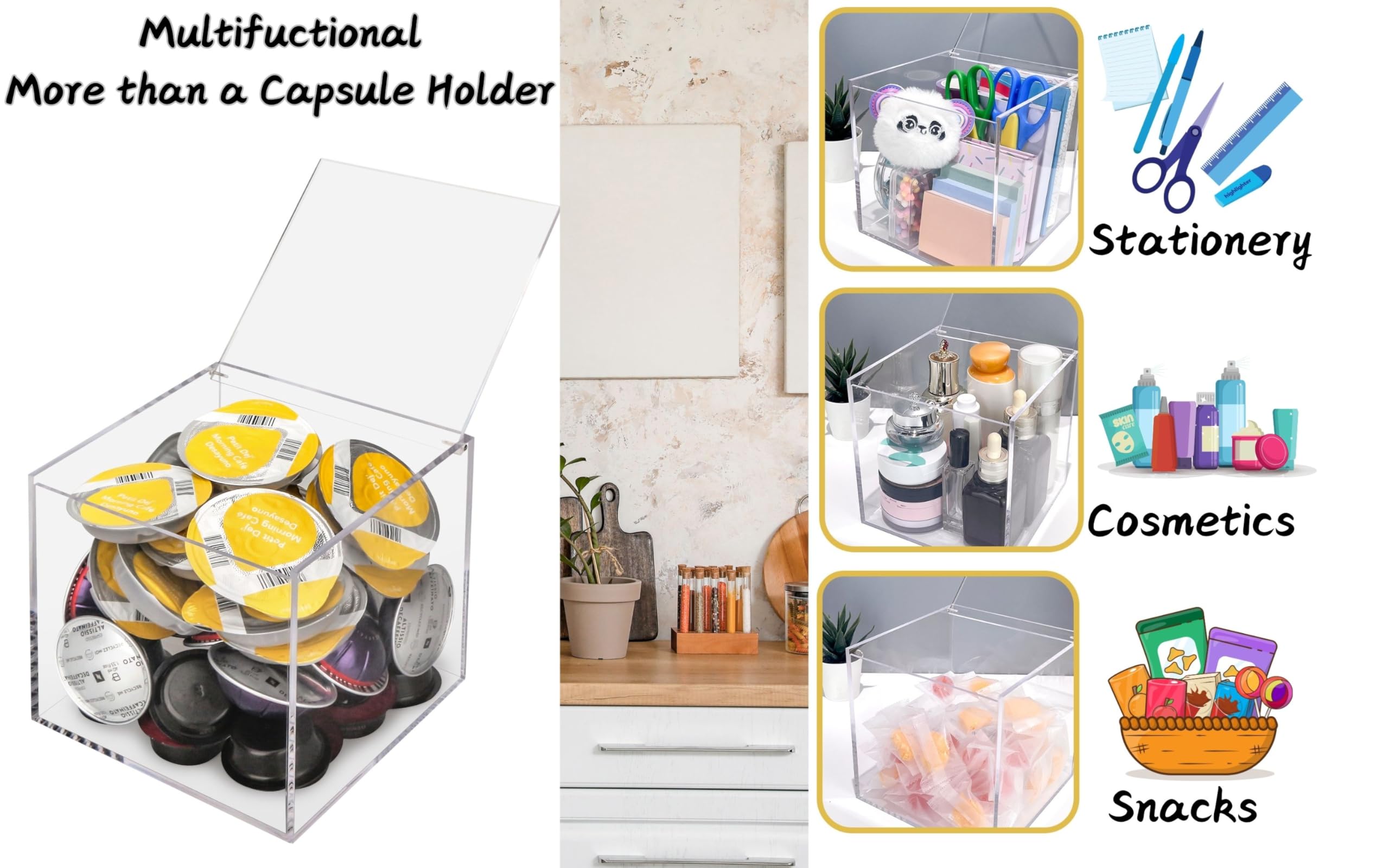 Exzact Cubo para cápsulas de café de acrílico de 15 cm, organizador de cápsulas de café, soporte transparente para cápsulas, almacenamiento multifunción