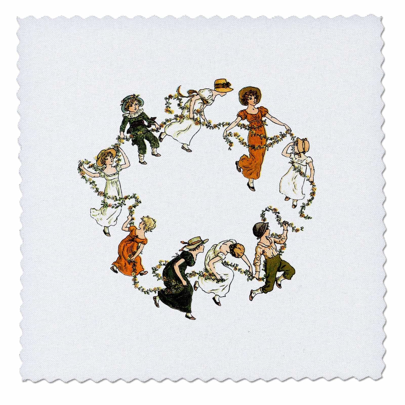 22x22 inch Quilt Square - Pretty Kate Greenaway Illustration of a Children Dancing with Garlands Kate Greenaway Nursery Designs
