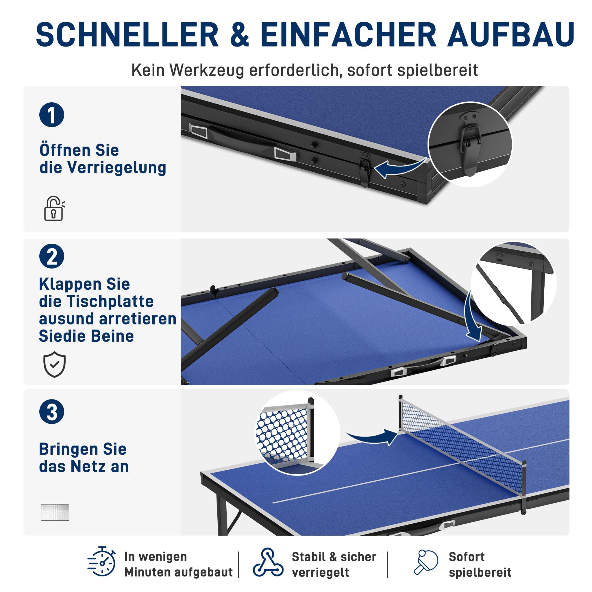 YRHome Tavolo da ping pong, 152,5 x 76 x 71 cm, pieghevole, design a valigetta, con set di 5 palline da ping pong e rete, per casa, ufficio e terrazza, blu/nero