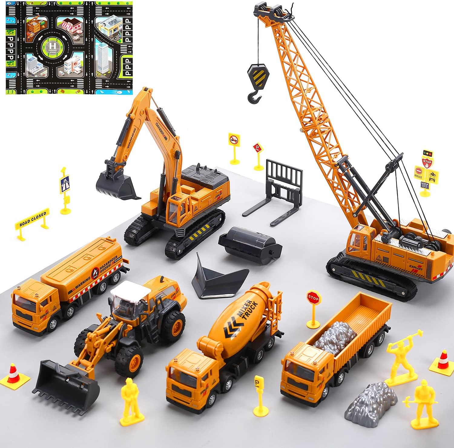 CUTE STONE Construction Vehicles Playset with Playmat, Kids Engineering Truck Set with Crane, Excavator, Tractor with 3 Interchangeable Parts, Cement, Truck, Educational Gift Toy for Toddlers Boys : Toys & Games