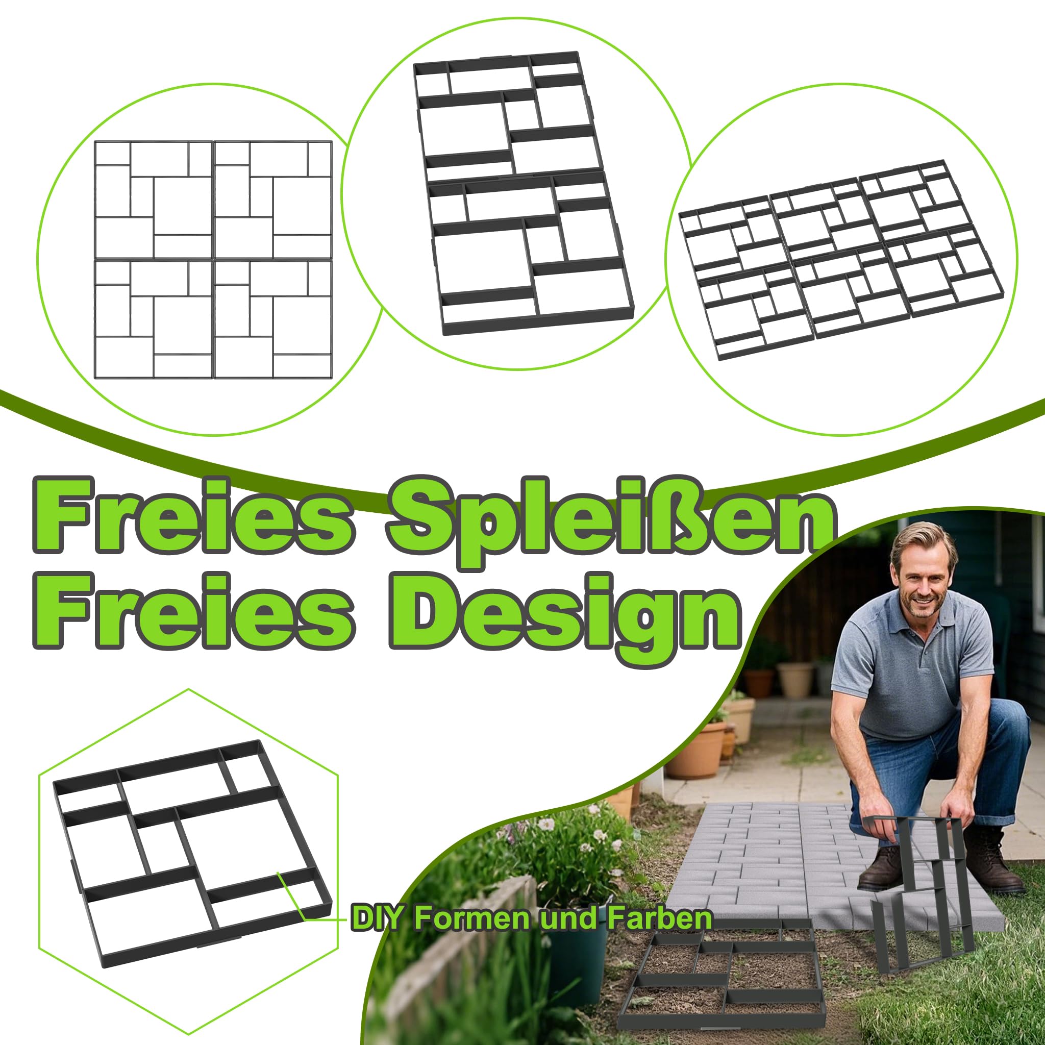 Aufun Lot de 8 moules à pavés DIY à 8 compartiments, moules en béton, 50 x 50 x 4,5 cm, pour jardin, dalles de trottoir, dalles de jardin, dalles de terrasse, béton, noir, type B