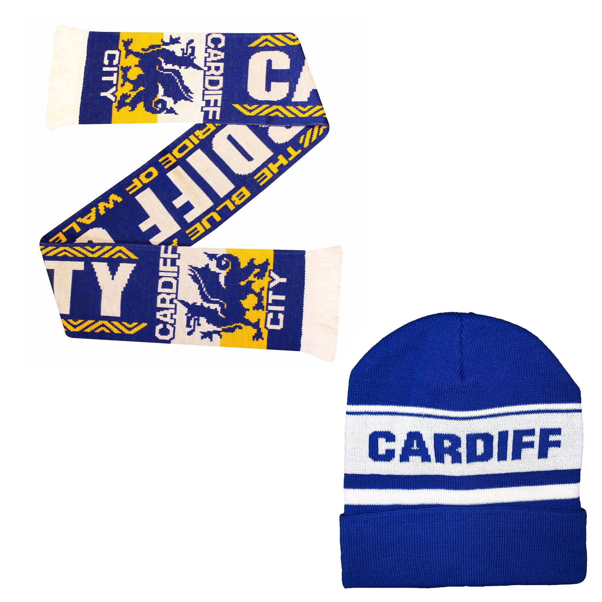 Beyond Happy Cardiff Blue and White Ski Hat - Stylish Winter Beanie for Bluebirds Fans - Ultimate Football Hat for Comfort and Warmth (UK, Alpha, One Size, Bronx Hat & Scarf Set)