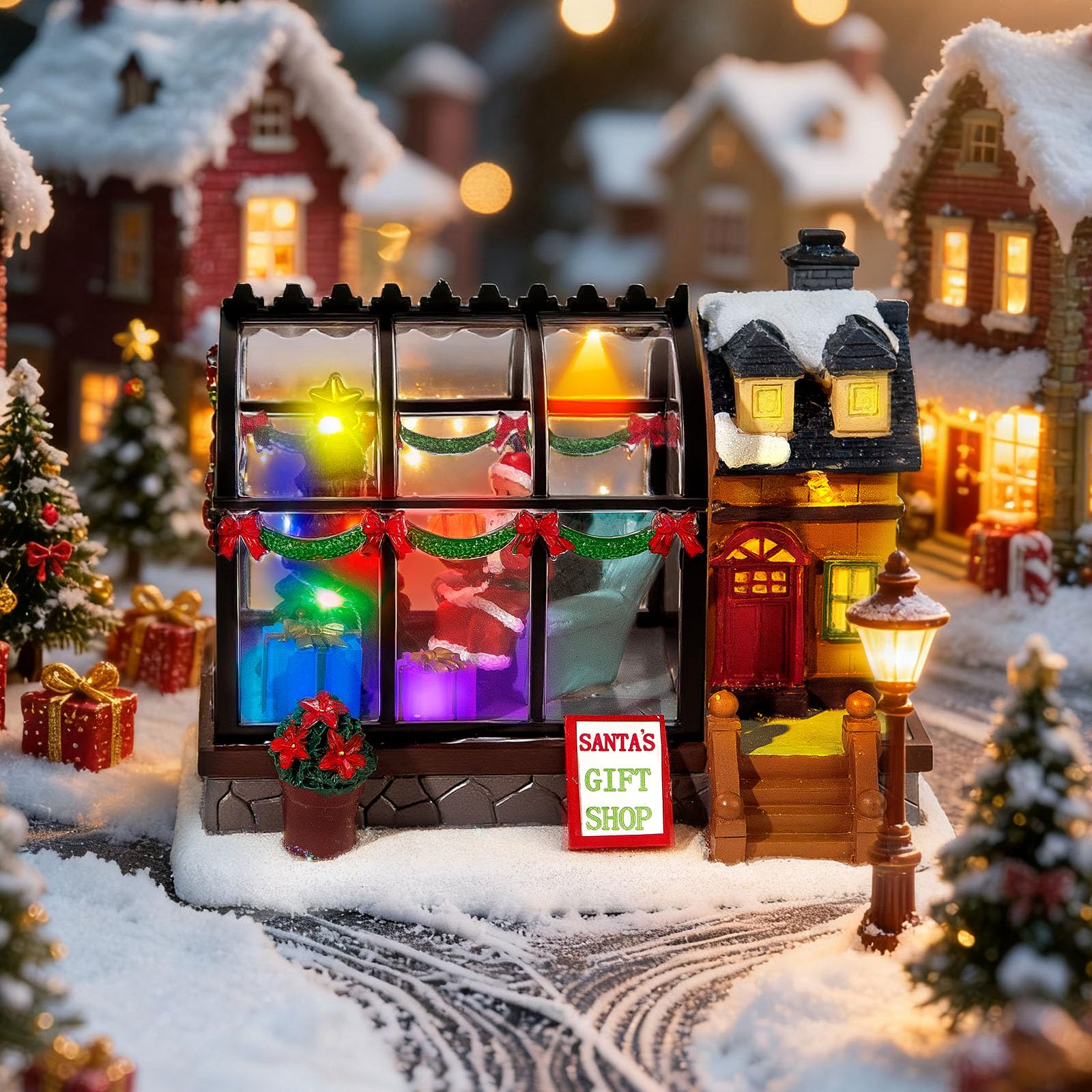 Serre de village de Noël éclairée par LED – Décoration de maison de village de Noël de 15,5 cm, bâtiments de collection pour décoration de vacances pour la maison, la salle de bal et le bureau