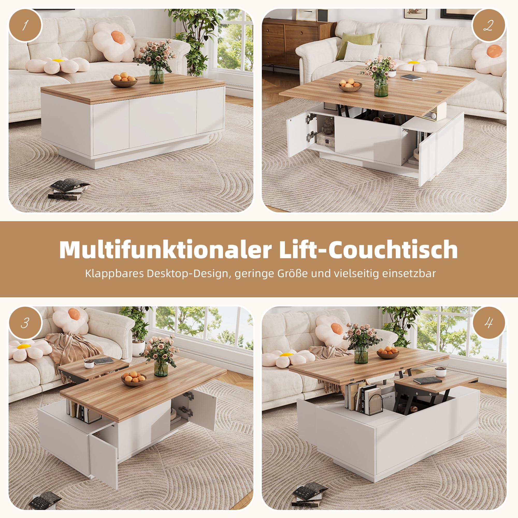 Soweiz Mesa de centro moderna con mecanismo de elevación doble, mesa de centro ajustable en altura, con espacio de almacenamiento oculto – Carga máxima de 50 kg, 100x50x55.5 cm (Blanco + color madera)