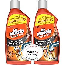 Mr Muscle Drain Unblocker, Sink & Drain Cleaner, Fast Acting Heavy Duty Drain Gel, Dissolves Clogs, Works 3x Better Than Bleach, Safe for All Pipes, Duo Pack 2 x 500ml