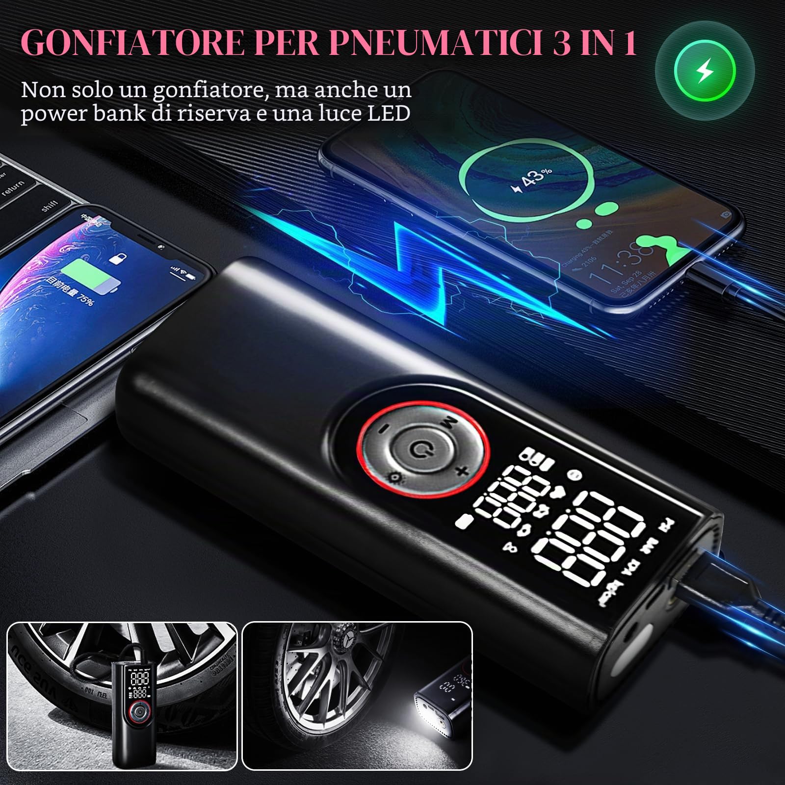 Pompa ad aria elettrica per bicicletta, compressore a batteria 10000 mAh, schermo LCD digitale e illuminazione di emergenza, 150 PSI