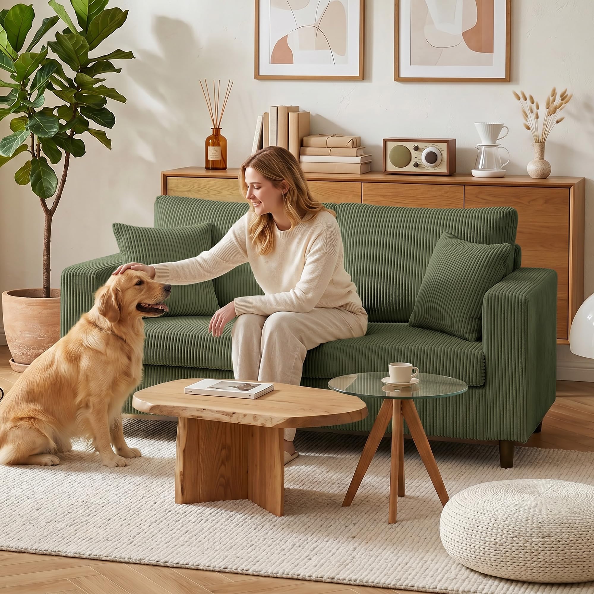 HOMCOM 2-Sitzer-Sofa Bequemes Cordsofa mit Breiten Armlehnen 170 cm Grün