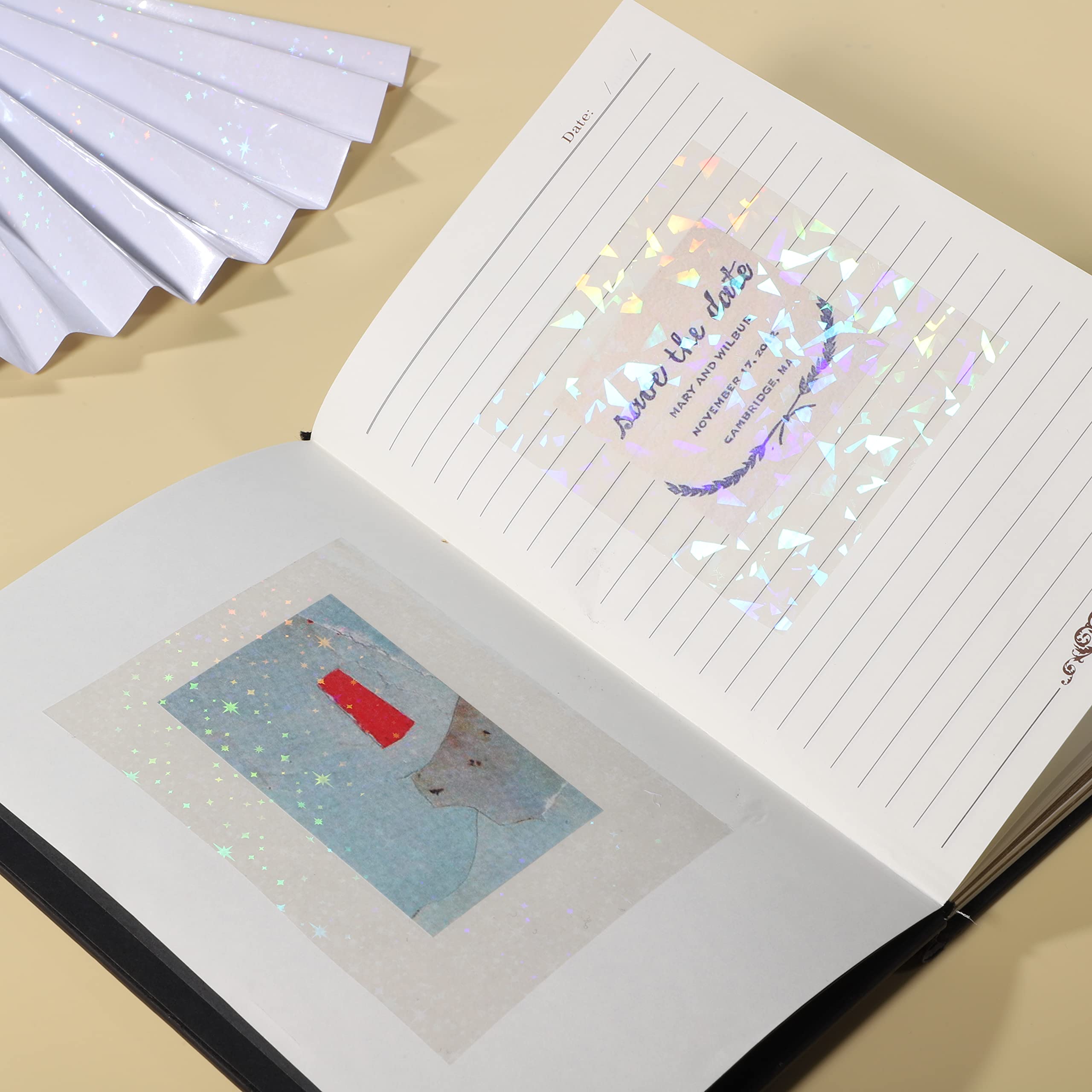 Yoosso 12 arkuszy folii holograficznej, format A4, przezroczyste naklejki winylowe, opalizująca folia do DIY, dekoracji (3 wzory)