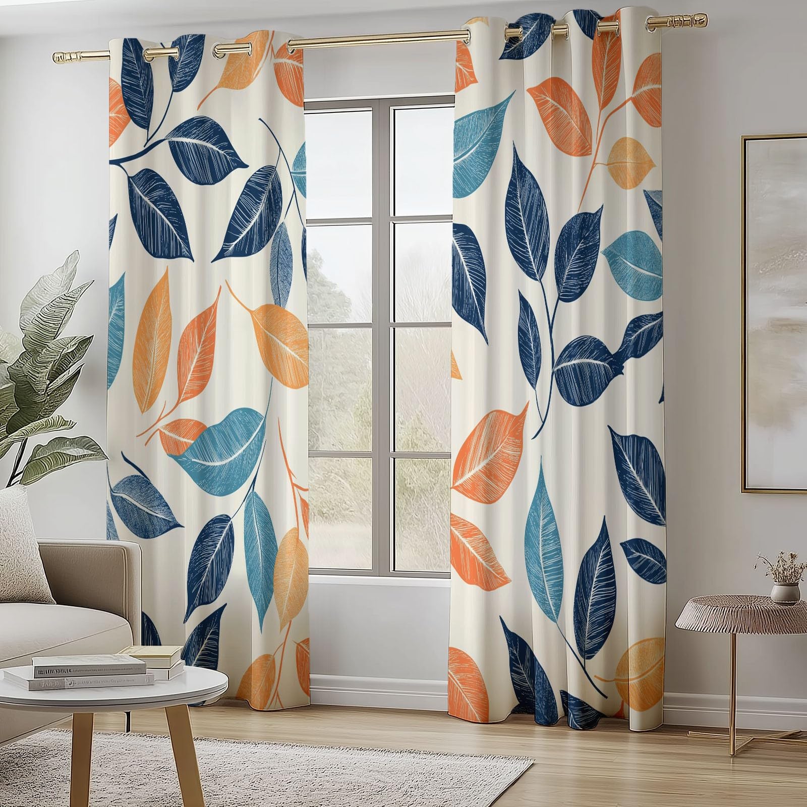 Blackout Curtains Bedroom Cartoon Hand-Painted Style Leaf Pattern, Geo-Thermal Insulated Energy Efficiency Window Treatment Sets Grommet Drapes for Kids Room 52