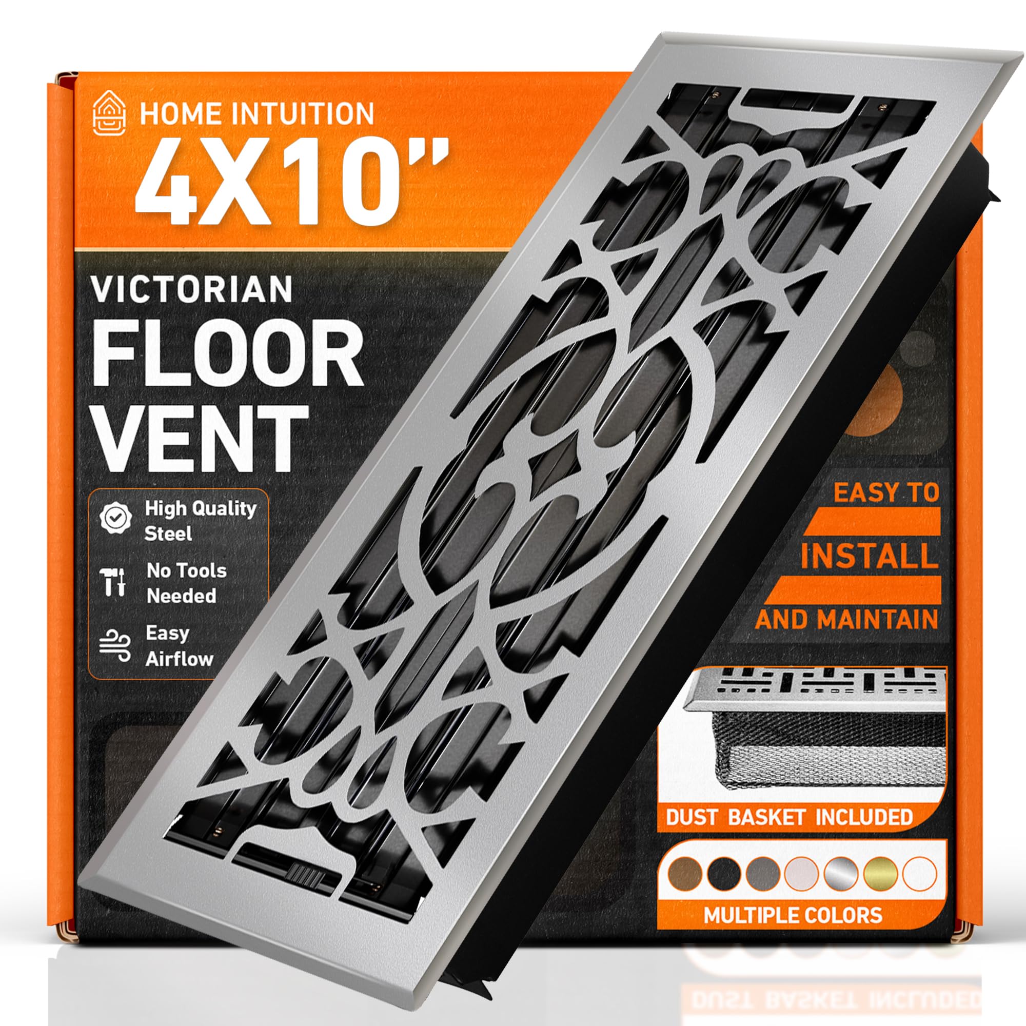 4X10 Floor Vent Covers Floor Register with Mesh Cover Trap, Heat and Air, Walkable Metal Floor Vent for HVAC Duct, Victorian, Light Grey