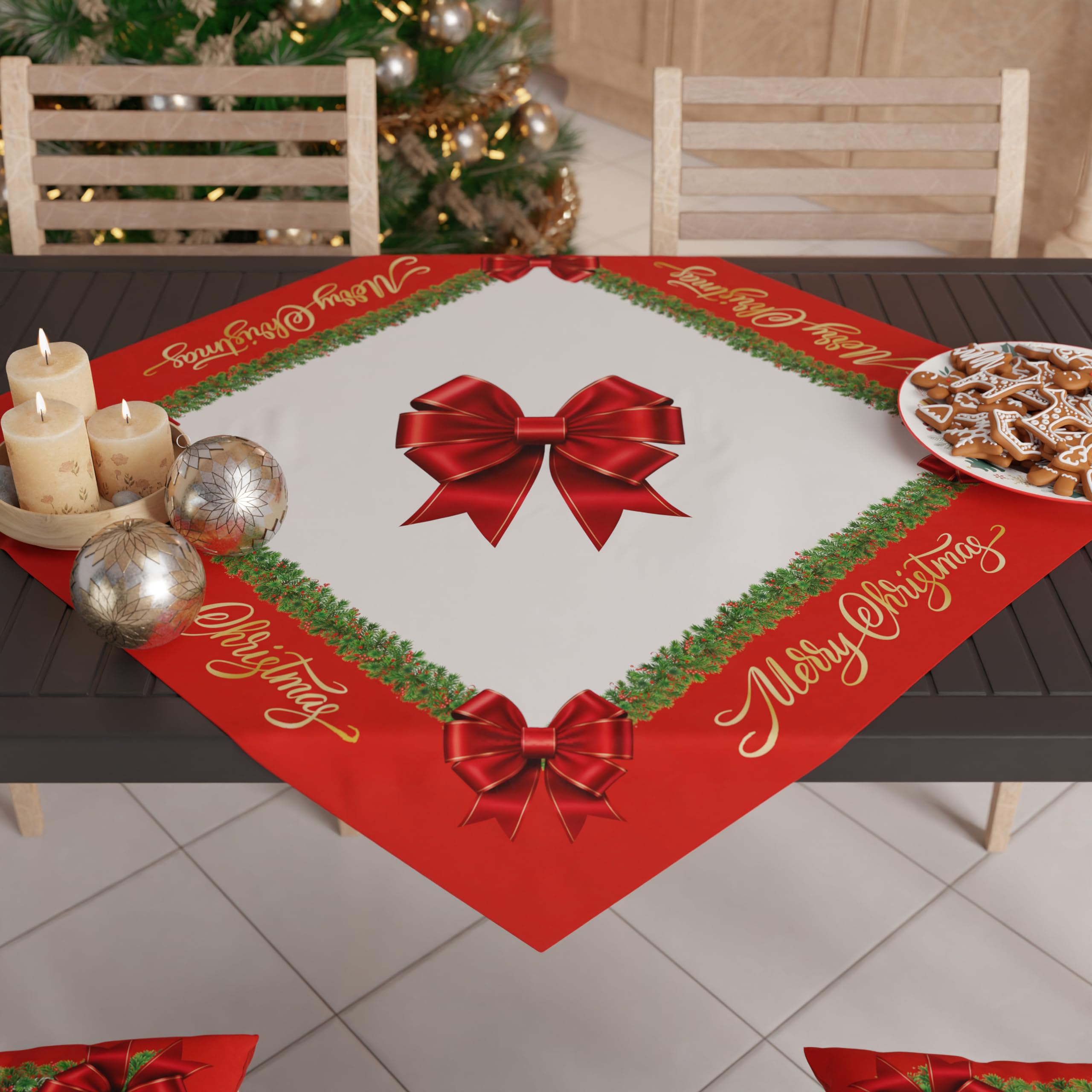 PETTI Artigiani Italiani - Christmas Centerpiece, Christmas Kitchen Table Centerpiece, 90x90 cm Centerpiece Runner, Red Bow Centerpiece, 100% Made in Italy