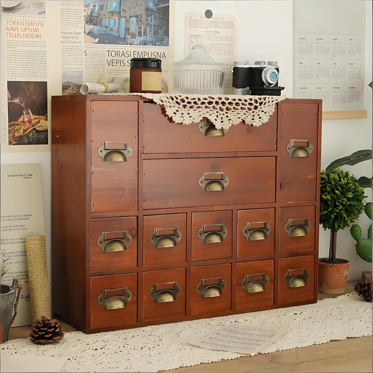 14-Drawer Apothecary Cabinet - Vintage Card Catalog Cabinet with Wooden Drawers, Desktop Storage Organizer for Herbs, Tea, Office Supplies (Old Brown)